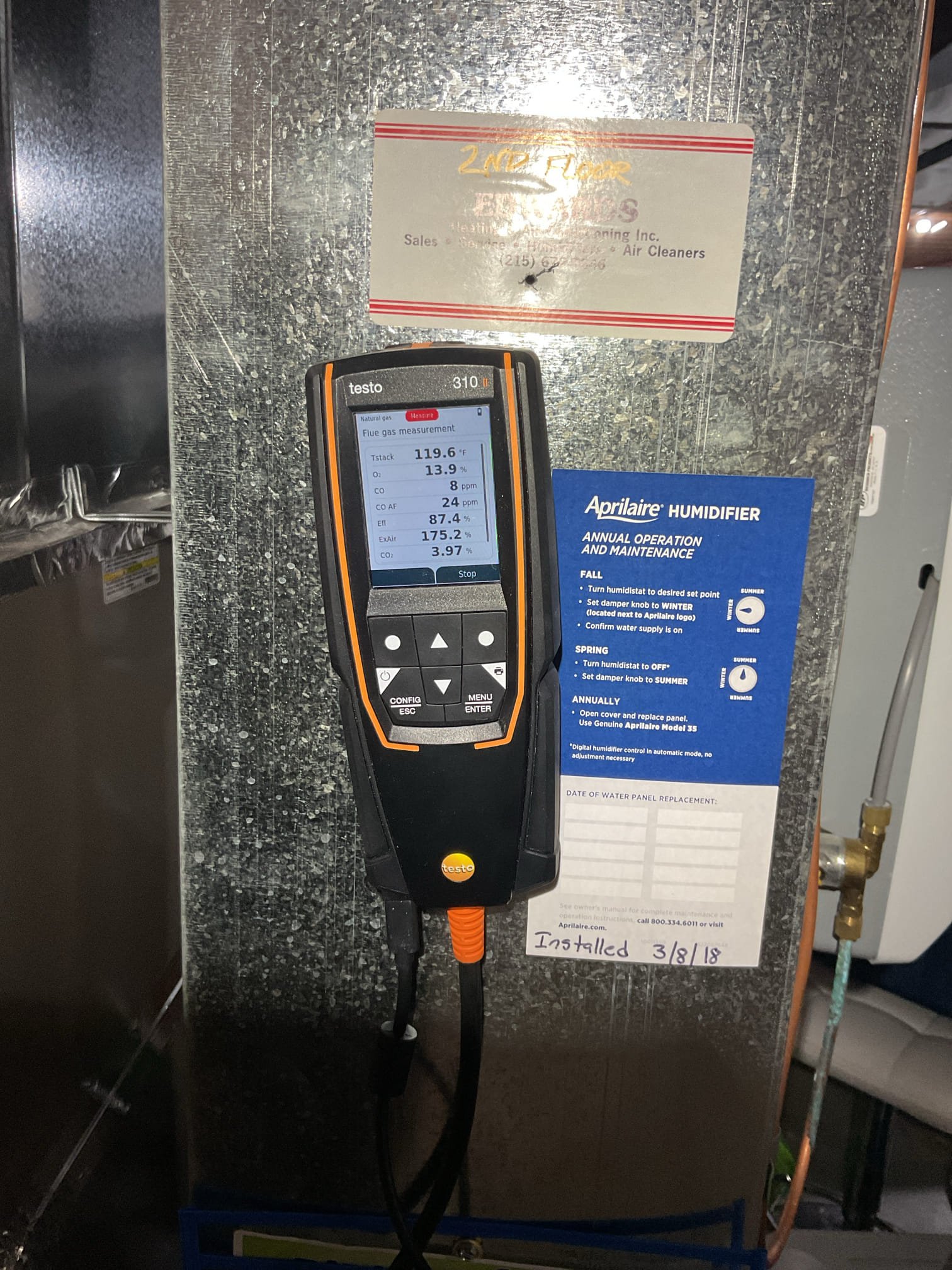 
Completed (2) heat tune up for propane furnaces. 

Replaced 16x25x1 filter for first floor system
16x25x1 filter for 2nd Floor is clean 

For each furnace: 
Inspected heat exchanger, burners, flue pipe, inducer assembly and hoses
Inspected hot surface ignitor and verified resistance with meter
Cleaned flame sensor and verified flame rectification circuit
Measured temperature rise and static pressure
Checked wiring, controls, electric motors and components; there are no surge protectors; left estimate for a surge protector for each of the 2 main circuits of system
Checked manifold gas pressure
Inspected drains and pumps: There is no water protection on either system. Left estimates for wet/flood switches AND EZ traps. 

Offered to complete both humidifier maintenances. He declined. He said he will do it himself. Use Aprilaire 35 water panels. 
The water feed for the second floor humidifier is very low. The saddle valve is seized. Left estimate to install humidifier feed valve. Also rec