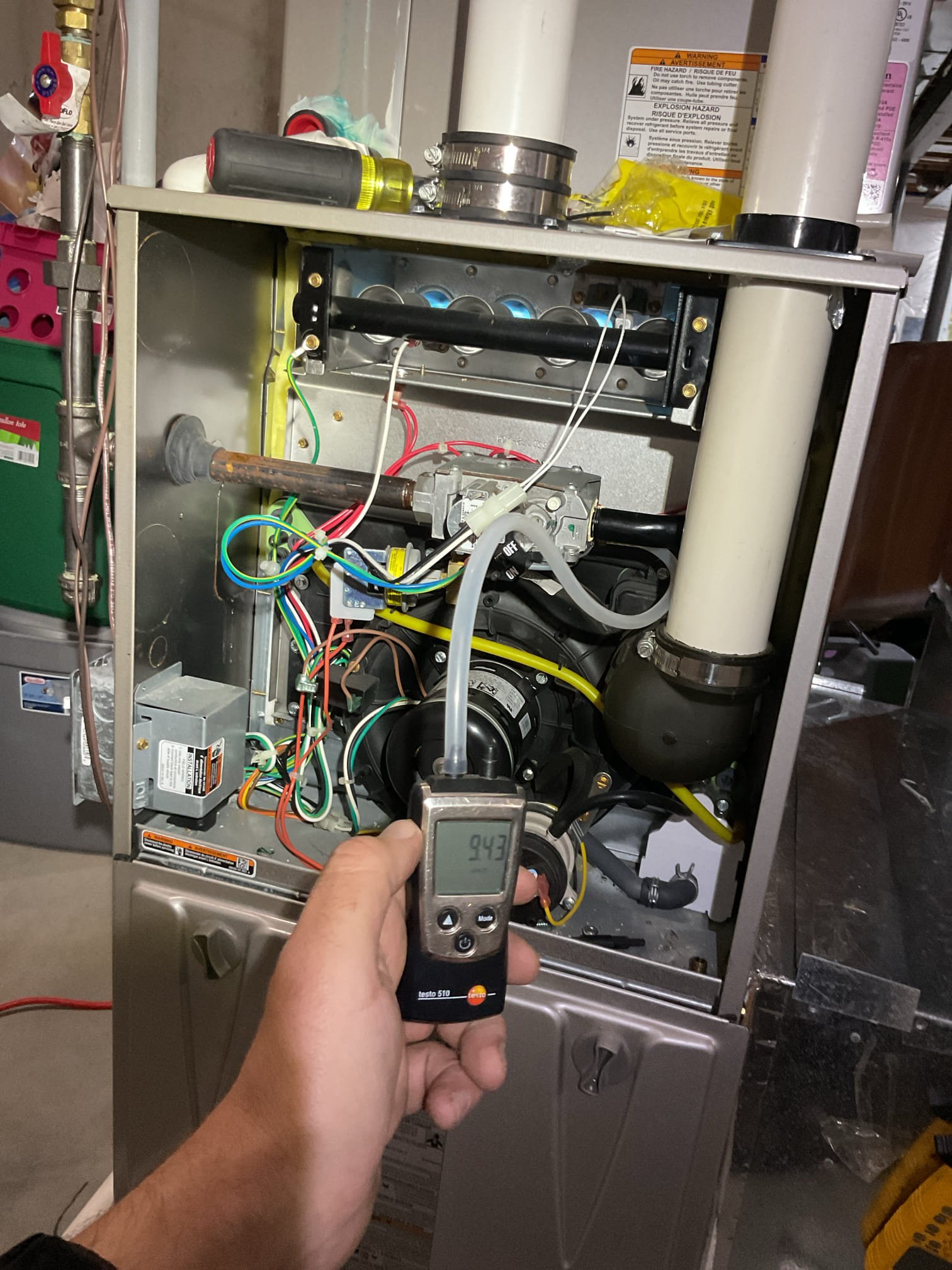 
Completed (2) heat tune up for propane furnaces. 

Replaced 16x25x1 filter for first floor system
16x25x1 filter for 2nd Floor is clean 

For each furnace: 
Inspected heat exchanger, burners, flue pipe, inducer assembly and hoses
Inspected hot surface ignitor and verified resistance with meter
Cleaned flame sensor and verified flame rectification circuit
Measured temperature rise and static pressure
Checked wiring, controls, electric motors and components; there are no surge protectors; left estimate for a surge protector for each of the 2 main circuits of system
Checked manifold gas pressure
Inspected drains and pumps: There is no water protection on either system. Left estimates for wet/flood switches AND EZ traps. 

Offered to complete both humidifier maintenances. He declined. He said he will do it himself. Use Aprilaire 35 water panels. 
The water feed for the second floor humidifier is very low. The saddle valve is seized. Left estimate to install humidifier feed valve. Also rec