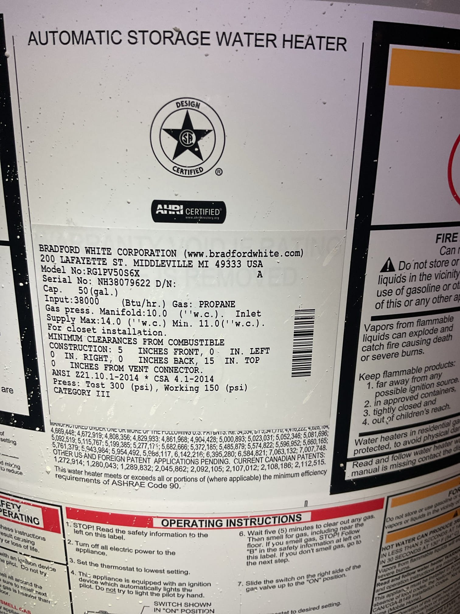 8 year old water heater has water around base. It is leaking from the relief valve.
I discussed and offered repair versus replace options.
Repairs would include water heater temperature and presssure relief valve+and expansion tank. 
He decided to replace. And agreed to Rheem 50 gallon power vented propane water heater (6 year tank warranty) with Protection Plus plan which add 4 years to tank warranty. I also offered pressure reducing valve. Although house water pressure is acceptable right now it is still encouraged to install pressure reducing valve to keep water pressure ideal (44-70 psi)

Homeowner agreed to plan membership+Rheem water heater+ Rheem protection Plus+ pressure reducing valve.

Talked to management and we set aside install for Monday morning. 

IMPORTANT: House is piped in CPVC so please provide install crew with correct fittings/adapters to install pressure reducing valve. See photos. Will also need CPVC-to-copper fitting for water heater connections as well. 

Colle