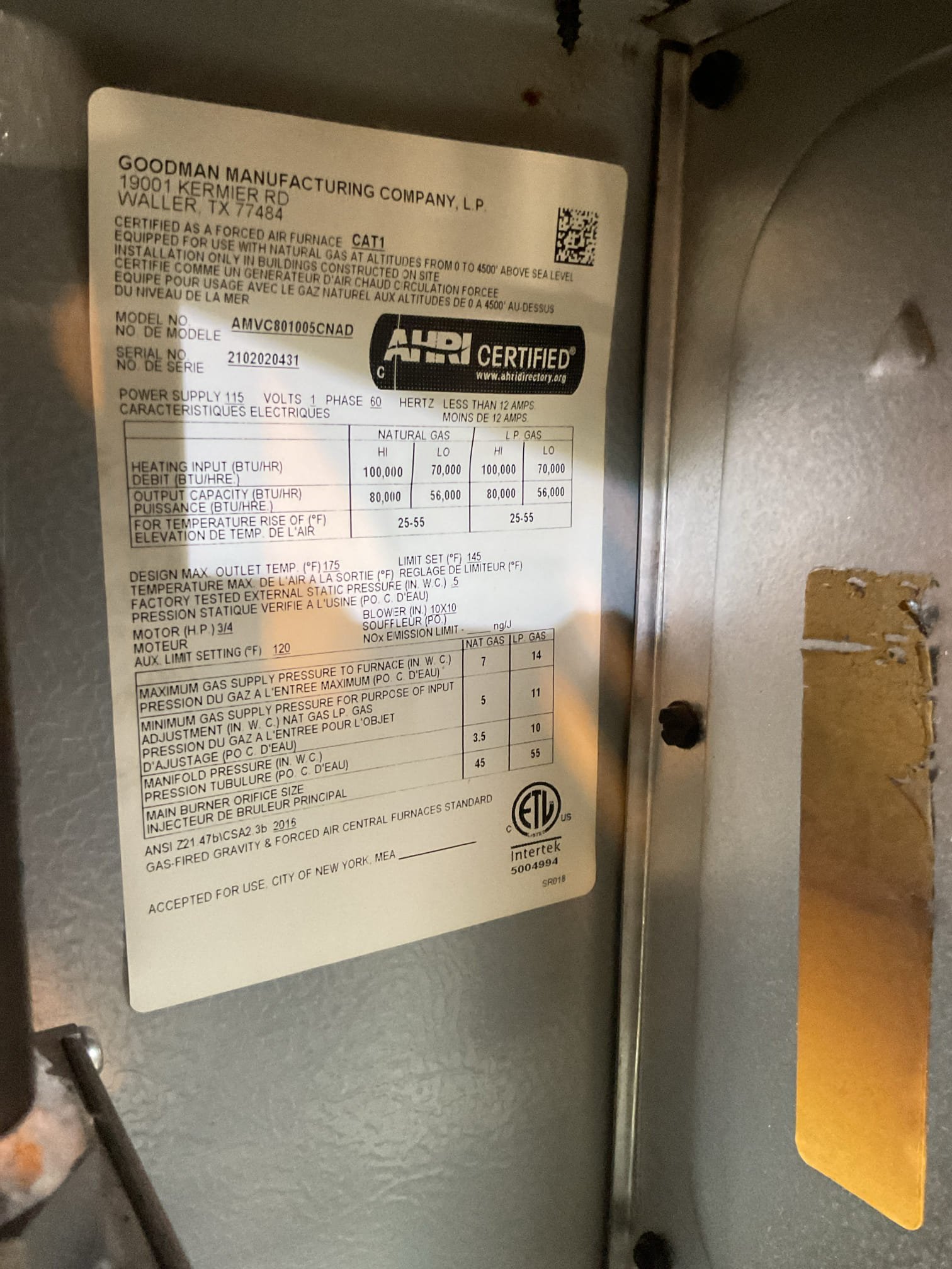 
Completed heat tune up for natural gas furnace.

Replaced Aprilaire 413 filter
Inspected heat exchanger, burners, flue pipe, inducer assembly and hoses
Inspected hot surface ignitor and verified resistance with meter
Cleaned flame sensor and verified flame rectification circuit
Measured temperature rise and static pressure
Checked wiring, controls, electric motors and components; there are no surge protectors; left estimate for a surge protector for indoor blower motor
Checked manifold gas pressure
Inspected drain and pump. There is a condensate pump safety and EZ trap but there is no wet switch that would shut equipment down if water is detected on floors near equipment. Provided email estimate.

Customer approved humidifier maintenance. Aprilaire 700 powered humidifier. Replaced Aprilaire 35 water panel. Cleaned housing. Water flow is good. Verified operations set humidistat to target 36%RH, 

Also discussed APCOx whole home air treatment system. UV+Carbon technology treats indoor c