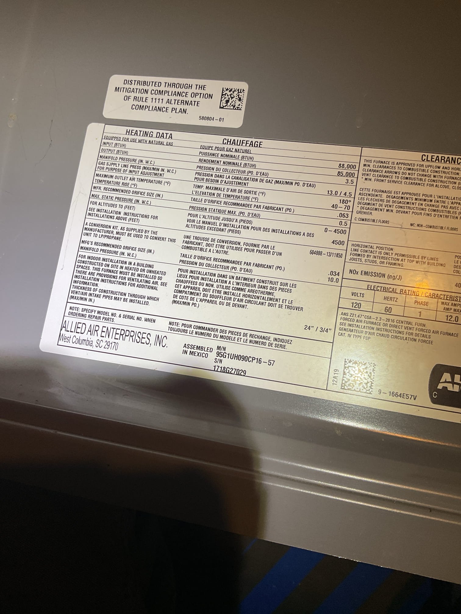 Luis 10-31-25 gas heat inspection on a 2018 Concord high efficiency heater natural gas check electrical connections, low and high voltage’s replace air filter check all ignition components delivery system combustion removal system perform combustion test check temperature rise and check static pressure. System is working properly at the time of service. I noticed some piping at water heater  heavily corroded. Water heater information plate has been removed. No information about water heater is available. I provide estimate for repairs. Current water heater does not have expansion tank. I included tank on repairs estimates. 