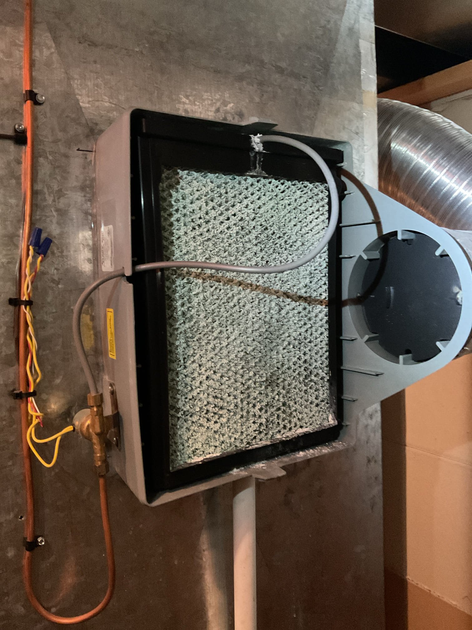 10-31-25 Luis performed gas heat tune up on 80% American standard heater check all electrical con and components ok replace air fire clean sensor and burners ok check gas pressure combustion test on heater ok. Check supply and return air temps ok inspect blower and heat exchanger ok service humidifier replace pad and clean interior. I found feed tube leaking provided estimate to replace tube, customer approve repairs. Check water connections and test humidifier ok service to winter 35%. Cycle gas heater ok. I did recommend adding water sensor around unit to protect from water damage. Customer can install his own water sensors I did provide estimate for us to install water sensors. 