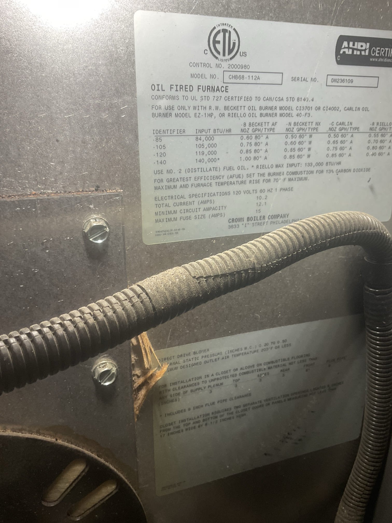 Fully assessed no heating situation on crown oil furnace. Found furnace off when I arrived gave system a call for heat and found burner shutting off on primary control. Bled about a gallon of brown oil from system until I got red oil. Furnace fired up and continue to run. As the system was running, found circuit board started turning on and off burner repeatedly. Wiggled mole connection on circuit board and found that this was an issue also. Widen pins for now and made a more solid connection. Burner continued to stay running. Would recommend replacement of oil burner circuit board. Replaced oil filter pump screen and point60 x 60 W nozzle. Performed combustion test. Oil boiler is running for now our office to provide quote to replace circuit board.  Fully assessed no heating situation on crown oil furnace. Found furnace off when I arrived gave system a call for heat and found burner shutting off on primary control. Bled about a gallon of brown oil from system until I got red oil. Furnace fired up and continue to run. As the system was running, found circuit board started turning on and off burner repeatedly. Wiggled mole connection on circuit board and found that this was an issue also. Widen pins for now and made a more solid connection. Burner continued to stay running. Would recommend replacement of oil burner circuit board. Replaced oil filter pump screen and point60 x 60 W nozzle. Performed combustion test. Oil boiler is running for now our office to provide quote to replace circuit board.