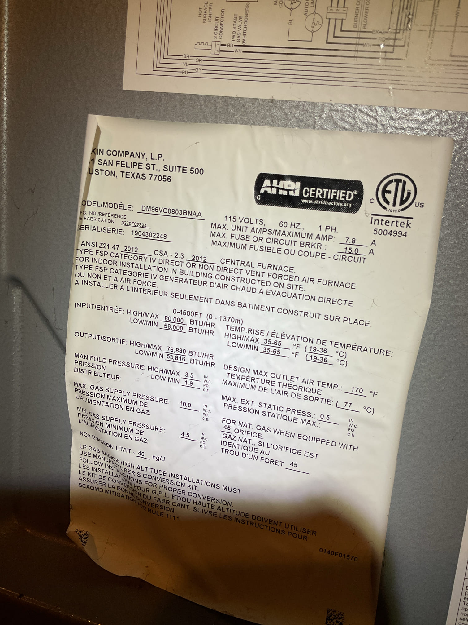 Luis 10-31-25 performed gas heat inspection on daiken 80,000 Btu 95+ heater. Check all electrical low and high voltage ok. Replacement of filter, clean sensor and inspect burners ok gas pressure low and high stage ok perform combustion test check supply and return air temps ok. Test humidifier, there was water inside auxiliary pan, I could not find where water was coming from. (I did found humidifier panel upside down this could be where water was coming from.) showed customer how to install panel next time. Color side panel always on top. Cycle gas heater ok.  No issues found with heater. Provided estimate to replace air scrubber cell or upgrade to non ozone air purification system. 