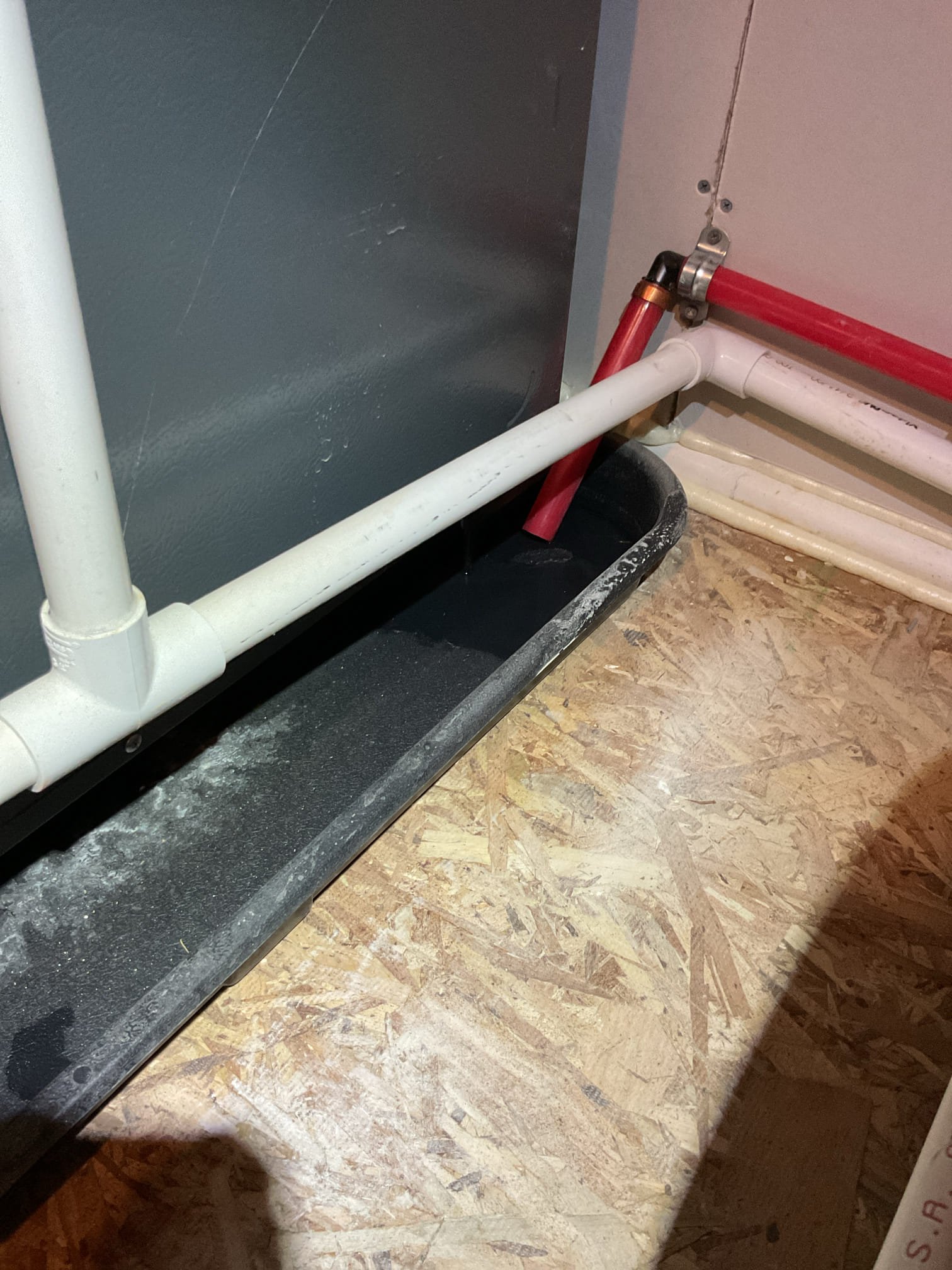 No heat: Tripped wet switch
The cause of water in auxiliary pan is the water heater temperature+pressure valve.
The water heater T+P valve is piped to the furnace auxiliary pan. 
Water heater T+P valve opened and enough water made it into pan tocause the wet switch for HVAC to trip/open thereby shutting system down. 

Water pressure is 80 psi slightly over recommended pressure for domestic water (45-75 psi) there is no pressure reducing valve in the house that I can find.
There is also no expansion tank.

Provided estimates for both St5 expansion tank and domestic water pressure reducing valve.

*Note PEX to propress fittings will be needed to install the expansion tank. It is tight but tank can be installed vertically close to water heater and a strap can be used as there is plywood for anchoring water heater. See 

Also provided estimate for exhaust drain kit to divert furnace exhaust condensate/water to the 3/4” drain. There was a minuscule amount of water under the inducer motor. (