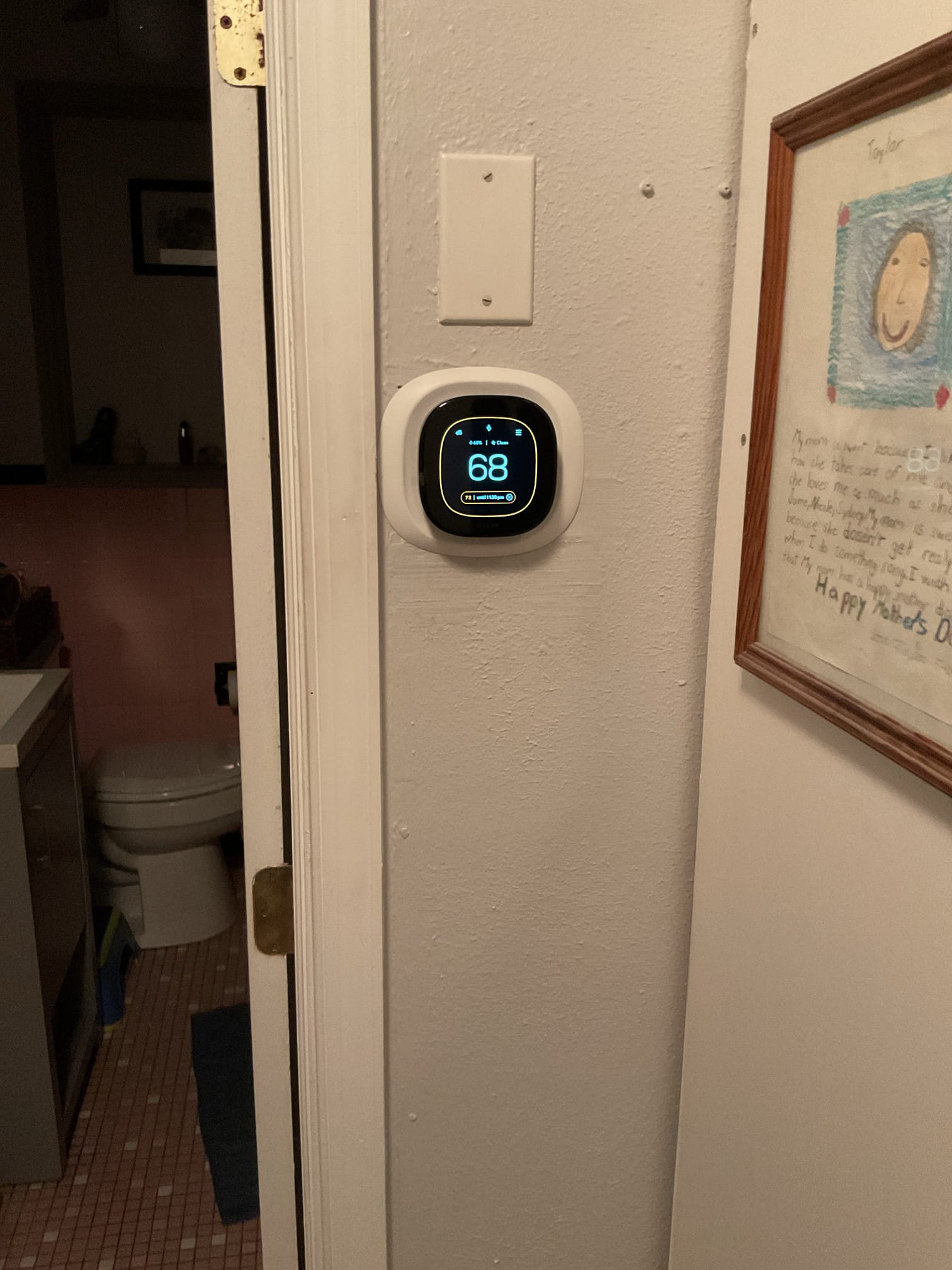 When I arrived the thermostat was displaying critical temperature and humidity sensor error.
27V between R and C

Back of thermostat as very hot to the touch when I took off the wall. 

Offered to install new Ecobee with room sensor under manufacturer part warranty.

They agreed.

Installed, wired, and configured new thermostat. Connected new room sensor. Afterwards tested. Homeowner will connect to WiFi. Left instructions on table.

System operating well at this time. 