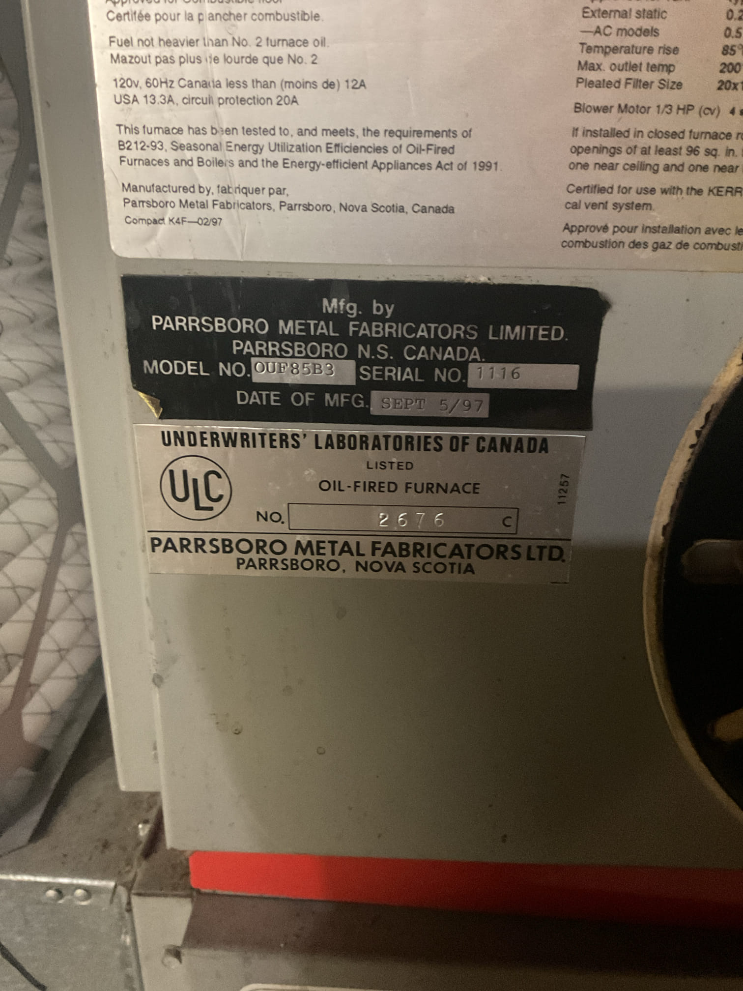 Performed precision heat tune up on 1997 oil furnace and 2003 Rheem gas furnace. Wasable filter is ok and 16x20x1 air filter is clean. Checked all electrical connections and components. Found 120 v switch on oil furnace is starting to fail. Also found electrode tips worn off, provided estimate. Replaced.65x70b nozzle, Rf1 oil filter and strainer. Vacuumed out soot from heat exchanger and smoke pipe. Cleaned flame sensor. Tested capacitors. Performed combustion tests. Both furnaces are definitely at replacement age but are working at time of service. 