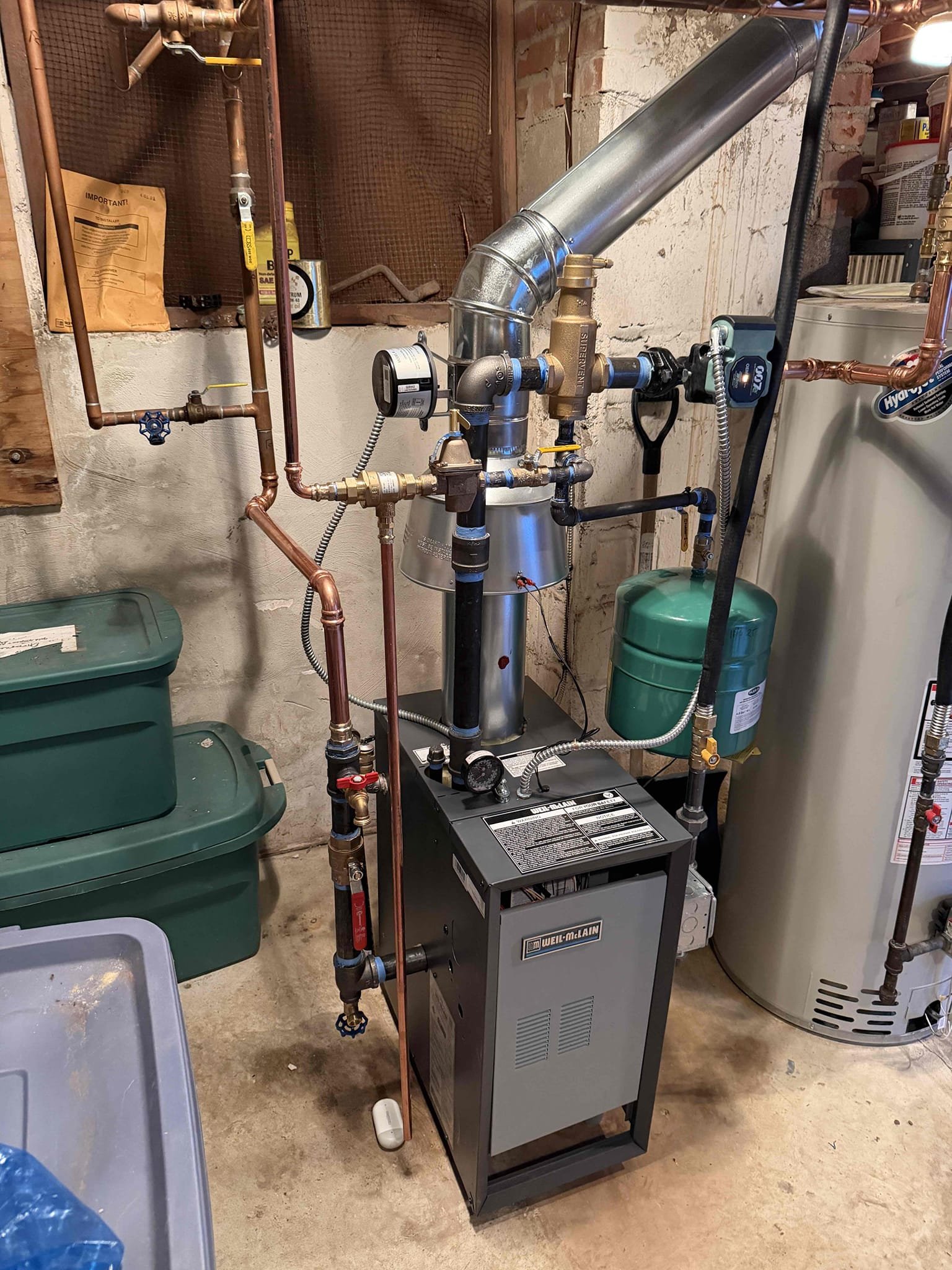 Installed new well McLain boiler. Adapted return  and installed new shut off valve and boiler drain. Adapted supply and installed new circ pump, shut off valves, expansion tank, spiral vent, and water feeder. Adapted exhaust pipe and installed new draft and automatic damper.  Adapted gas line and installed new shut off valve. Adapted high volt and installed new outlet and switch. Installed new Honeywell thermostat and wired in low voltage to unit.  Cleaned up work area and tested out equipment. 

Installed new resideo automatic water shut off/ freez detector. Installed new water detection alarm for resideo automatic shut off valve. Customer did not want to download and set up the app at this time. 

Will have to return to remove old oil tank. Oil line was removed at time of install.

