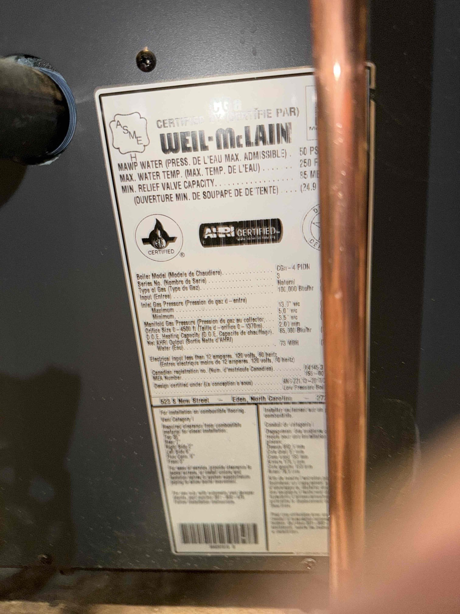 Installed new well McLain boiler. Adapted return  and installed new shut off valve and boiler drain. Adapted supply and installed new circ pump, shut off valves, expansion tank, spiral vent, and water feeder. Adapted exhaust pipe and installed new draft and automatic damper.  Adapted gas line and installed new shut off valve. Adapted high volt and installed new outlet and switch. Installed new Honeywell thermostat and wired in low voltage to unit.  Cleaned up work area and tested out equipment. 

Installed new resideo automatic water shut off/ freez detector. Installed new water detection alarm for resideo automatic shut off valve. Customer did not want to download and set up the app at this time. 

Will have to return to remove old oil tank. Oil line was removed at time of install.


