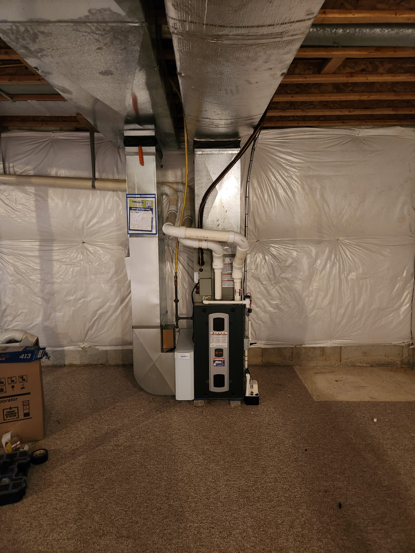 Installed new Trane furnace and coil. Installed 2410 aprilaire air filter with new return boot. Adapted to supply plenum and ran new return drop for metal. Installed 115v condensate pump with EZ trap and ran new vinyl. Installed blower surge protector. Adapted to vents and gas line. 

Installed new Trane 3.5 ton unit on 38x42 pad. Installed mars disconnect. Flushed lineset. Charged unit. Tested all operations and cleaned work area. 