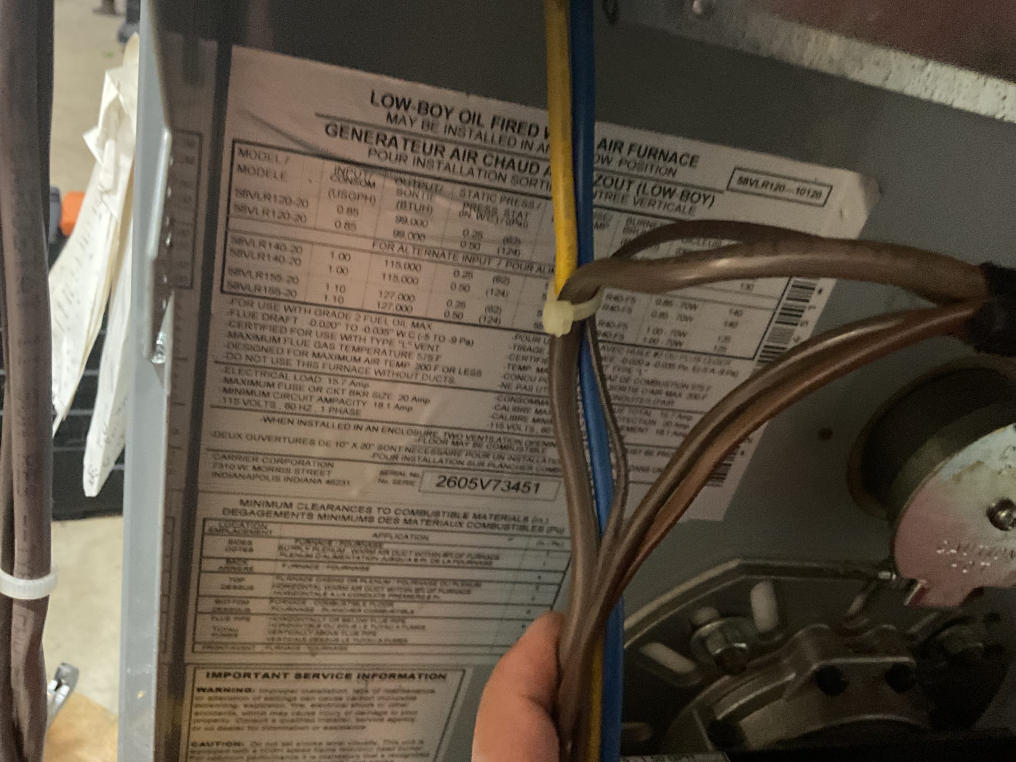 Performed precision oil furnace tune up on 2005 Carrier oil furnace. Electronic air cleaner is clean. Checked all electrical connections and components. Replaced Rf1 oil filter. .75x70 b nozzle. Vacuumed soot from heat exchanger and smoke pipe. ( homeowner services his own humidifier). System is 20 years old and recommend to homeowner to start considering replacement. Performed smoke and combustion test. Oil furnace is working at time of service. 
