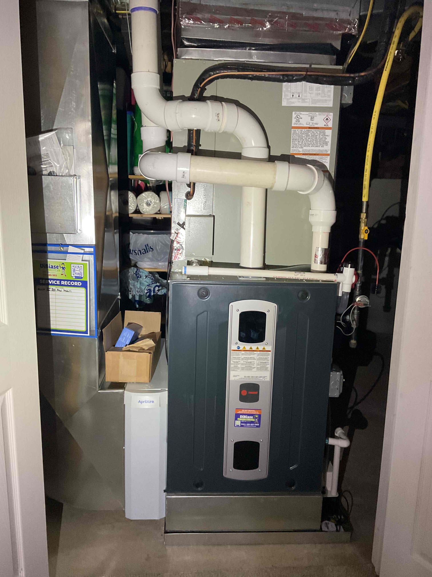 Out for a QA on new gas furnace and ac with arzel zoning.
 Recall two days after install for drain line leaking (failed qa for this). 

Tested upper zone (#3) and verified temp increase with Dillon and customer. Satisfied in 10 mins. 

Customer is still getting used to new dual stage system and new zoning.  

systems working properly upon departure pics on file. 

Also added ecobee remote sensor free of charge off my truck per Dillon 
