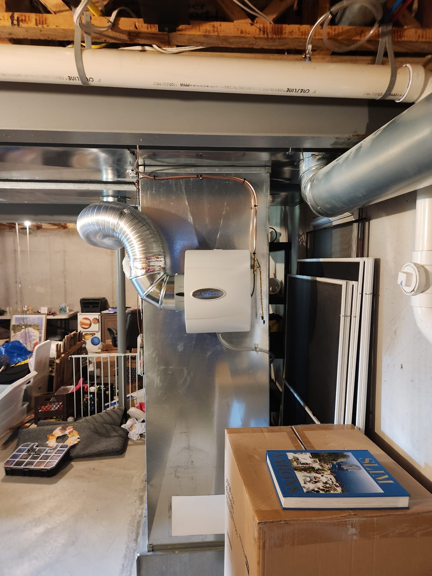 Installed aprilaire 600m bypass Humidifier ran new water line from hot side of water heater with 3/4" sharkbite valve. Checked water line for leaks. Ran new 3 wire from eim board to Humidifier. Installed new drain to condensate pump. Tested proper operation of new Humidifier.