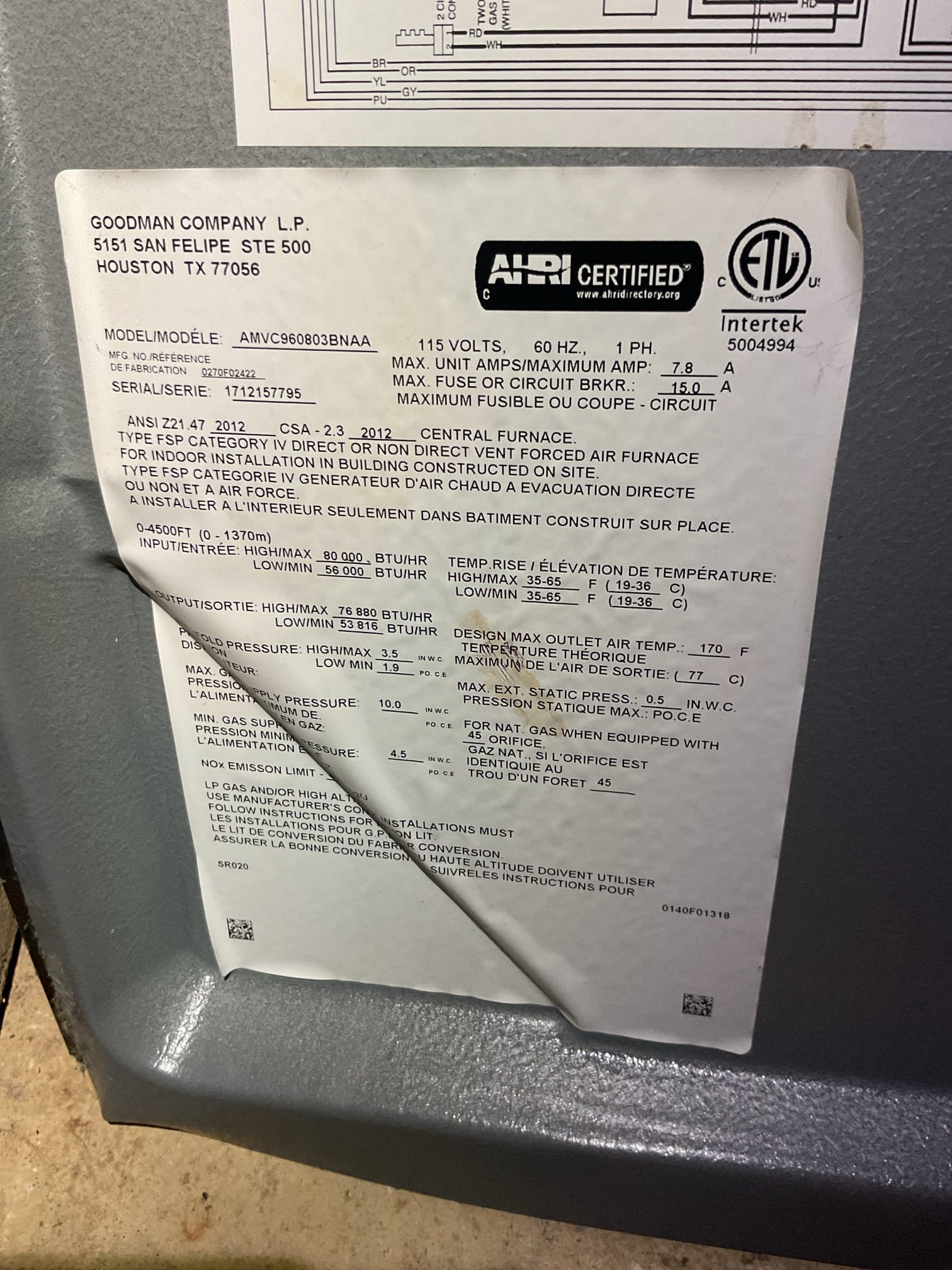 
Completed heat tune up for propane furnace.

Aprilaire 413 filter in good condition. 
Inspected heat exchanger, burners, flue pipe, inducer assembly and hoses
Burners are in rough shape. These are not stainless burners. Upon closer inspection Amana shippped us wrong grade of burners when we did repair n February 2024. Michael mentioned that he heard a few misfires of the system this year. We will schedule return to install stainless steel burners under Dibiase guarantee. 
Inspected hot surface ignitor and verified resistance with meter
Cleaned flame sensor and verified flame rectification circuit
Measured temperature rise and static pressure
Checked wiring, controls, electric motors and components; funace has surge protection 
Checked mainofold gas pressure
Inspected drain and pump. There is a condensate pump safety but no overfill protection switch. Provided estimate for overfill protection switch (Safety switch)

Combustion, draft and smoke tests: Pass

Gas furnace is operating well
