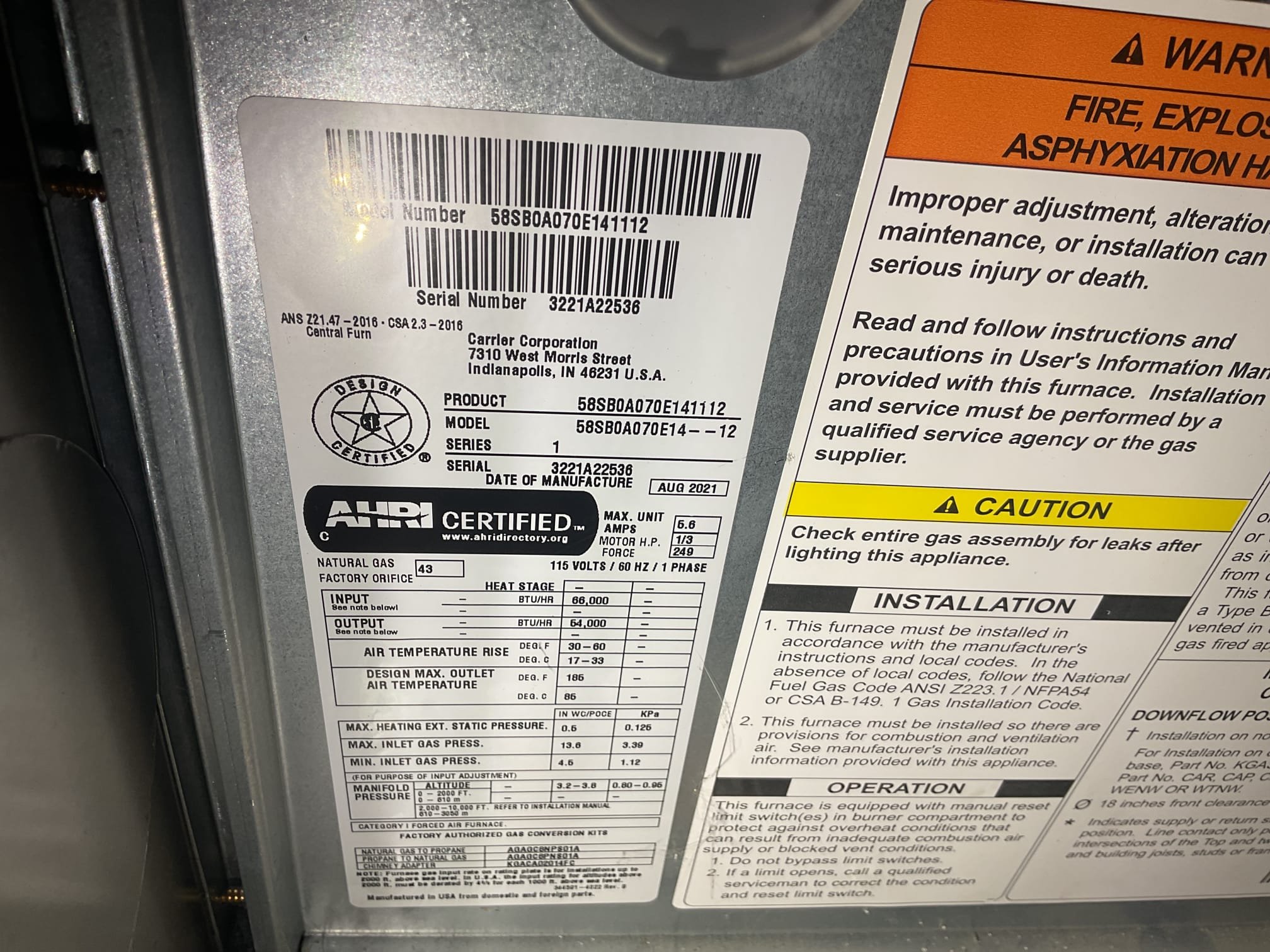 Fully assessed no heating situation. Found furnace locked out on code 33 high limit code. Found x13 carrier blower motor has failed. Called distributor and verified it is still under warranty. Collected 50% and ordered motor. Explained to customer that more than likely the motor failed to a power surge. Offered surge protection. Customer has no heat at this time. 

11/7/25
Barry

Installed OEM blower motor under Carrier parts only warranty.
Wired speed taps as before.
Tested system operations
Observed and verified all steps in the trial for ignition process. 

Combustion test: Pass

The humidifier on supply plenum is non operational and outdated. Provided estimate for new humidifier bypass humidifier with manual control. 
Also provided estimate to remove and patch old humidifier

System operating well at this time.

 