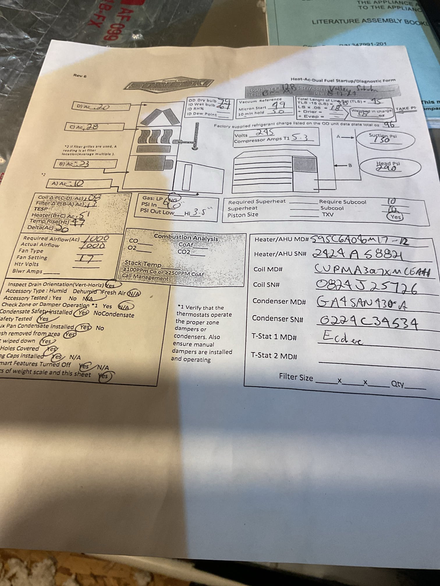 
Completed heat tune up for natural gas furnace. 40,000 BTU natural gas 
 Installed July 2024. She moved in September 2024. 

Replaced (2) 14x14x1 filters that are on third floor ceiling grilles. She replaced the other (2) 14x14x1. Total filters (4) 14x14x1
Inspected heat exchanger, burners, flue pipe, inducer assembly and hoses
Inspected hot surface ignitor and verified resistance with meter
Cleaned flame sensor and verified flame rectification circuit
Measured temperature rise and static pressure
Checked wiring, controls, electric motors and components; there are no surge protectors; left estimate for a surge protector for each of the 2 main circuits of system
Checked manifold gas pressure
High sensitivity gas leak test: Pass. No leaks. 
Inspected drains:
There is no overfill protection switch. Left estimate for EZ trap which would replace current trap. Allow for full cleaning and has built in overfill protection
There is a float style water safety in the equipment pan. A wet switch/