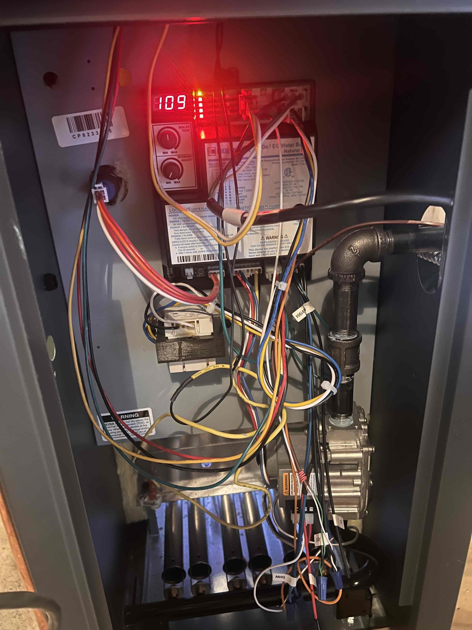 11/11/25 Tan
Performed quality assurance visit on newly installed gas boiler converted from oil.
Client has no complaints and thought our team did a great job.
While system heats home comfortably, he stated two of his radiators don’t seem to be working. We later found that the valve for the one was not open and it had some air in it. He will test the other one and let our installers know if there’s an issue when we return to take out the oil tank.

Started boiler operations.
Confirmed pressures were accurate on the gauge.
Piping is superb with circulator piped on supply after air eliminator that is tied into expansion tank and the water feed at the point of no pressure change.
Pipes returned hot as they should.
Checked combustion and found it very good.
Draft and smoke test confirmed clean combustion.
System settings were good as well.

Visually inspected oil tank with install manager on phone and decided that we will pump from the outside with a 50ft hose that should reach. Tank sits 