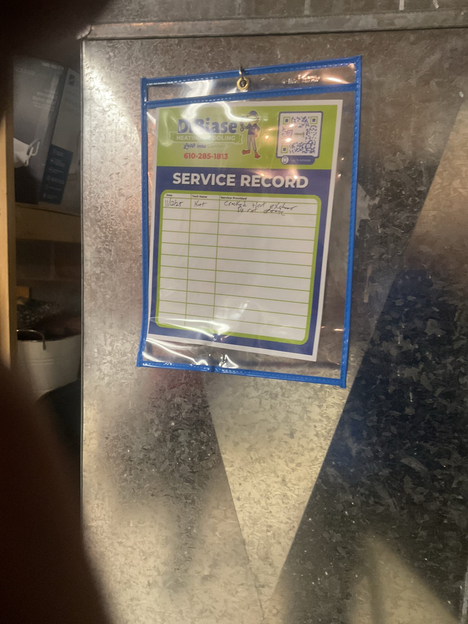 Fully assessed 1993 Bryant oil furnace. Before performing tune up on furnace looked over system and found furnace had a pit hole thru heat exchanger and also cracked in heat exchanger. Shut down furnace and did not perform tune up, set up appointment to have someone come out today to give an oil furnace replacement quote. 