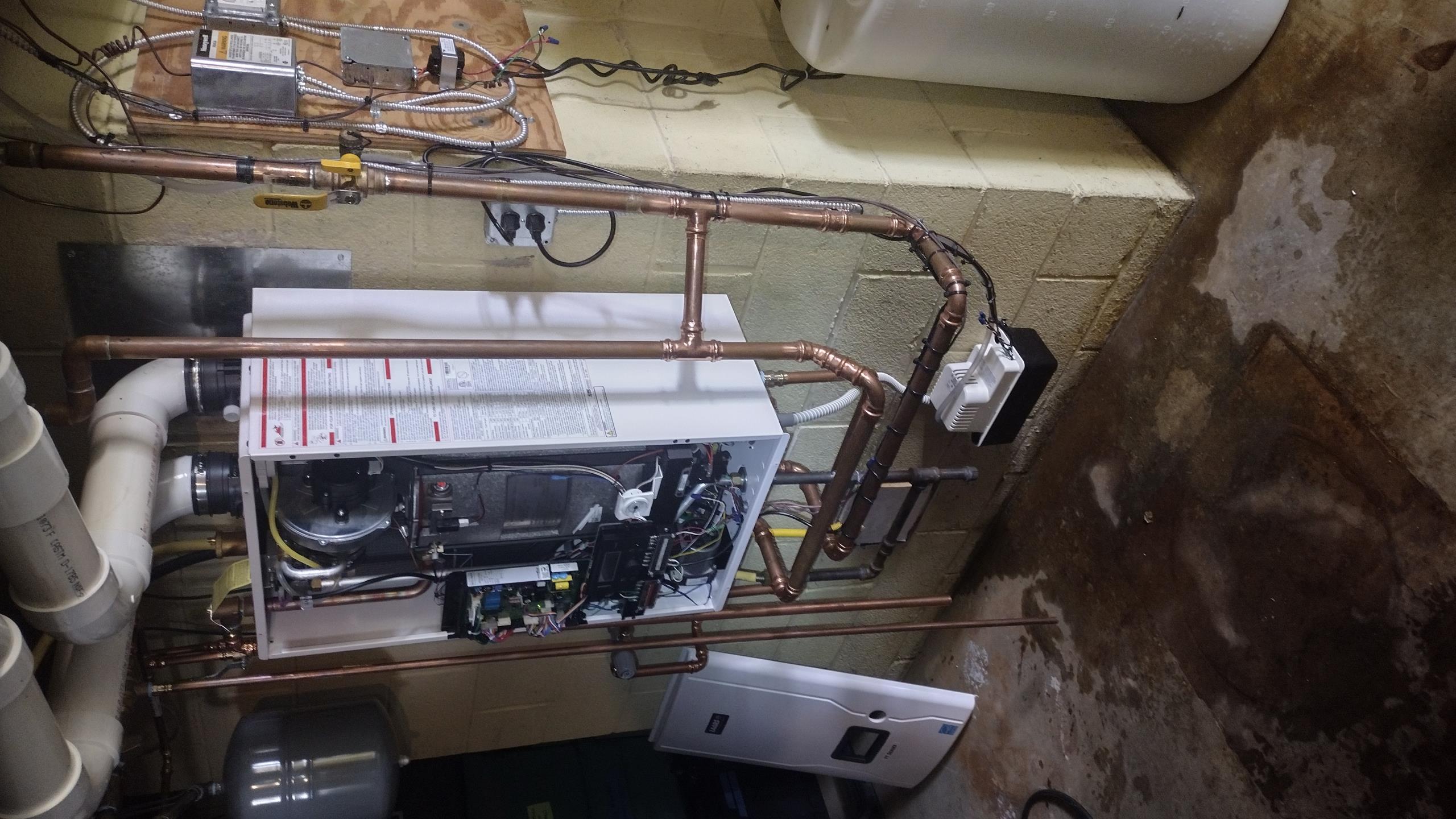 Luis 11-13-25 return visit to pipe in a T the boiler between the supply and  return for recirculation. Check boiler operation ok no charge warranty 