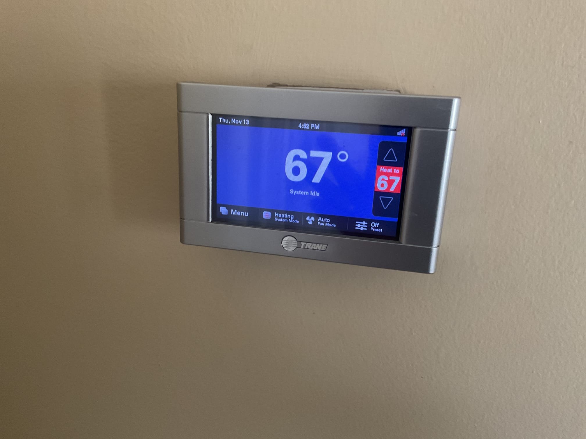 Fully assessed thermostat working incorrectly. Found train touchscreen thermostat when you hit the up or down arrow it would skip up in numbers drastically. Touchscreen on thermostat is working in correctly. Replaced with Honeywell t-6 thermostat. Showed homeowner how to use thermostat. Gas furnace is working properly at time of service, 