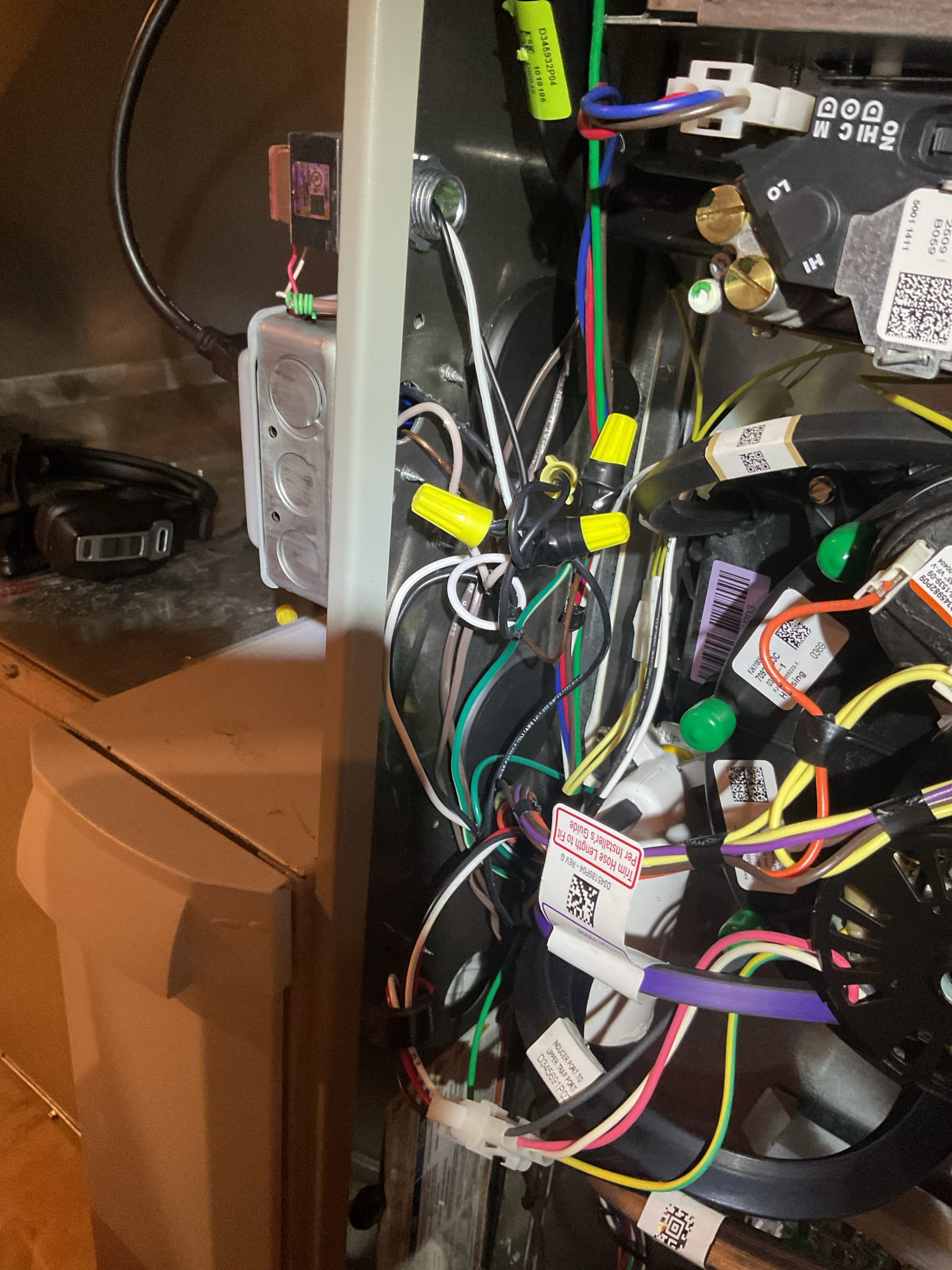 Luis 11-13-25 customer called in for humidifier constantly running and also water dripping from it. Check his operation. Upon arrival I noticed installation crew use transformer to power humidifier check wiring I noticed high voltage wiring was energizing transformer all the time I used the hum terminals on the heater board o power up transformer when ever there is call for heat, test humidifier operation ok test condensation pump ok. Humidifier is working properly. No charge warranty from installation department. 