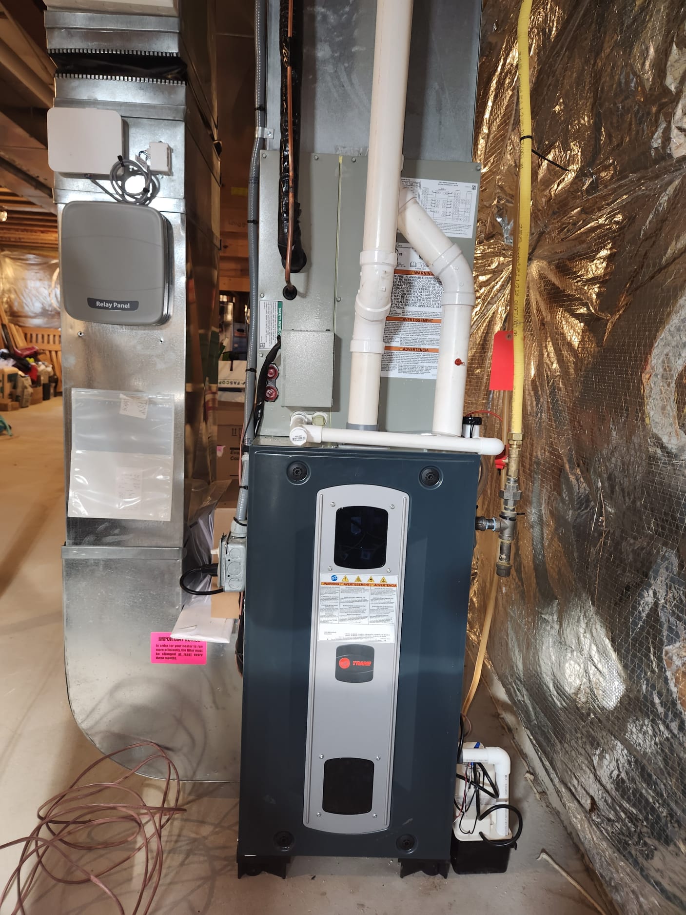 Installed new Trane furnace and coil. Adapted to return and supply plenums. New condensate pump with vinyl, EZ trap and blower surge protector. Adapted to existing gas line and vents. Wired unit conventional as we did not have correct parts for install. 

Installed new 3 ton Trane heat pump on 4” snow legs and pad. Installed rectorseal power monitoring disconnect. Replaced lineset. Cleaned work area and tested all operations, adjust charge as needed when unit is fully working. 