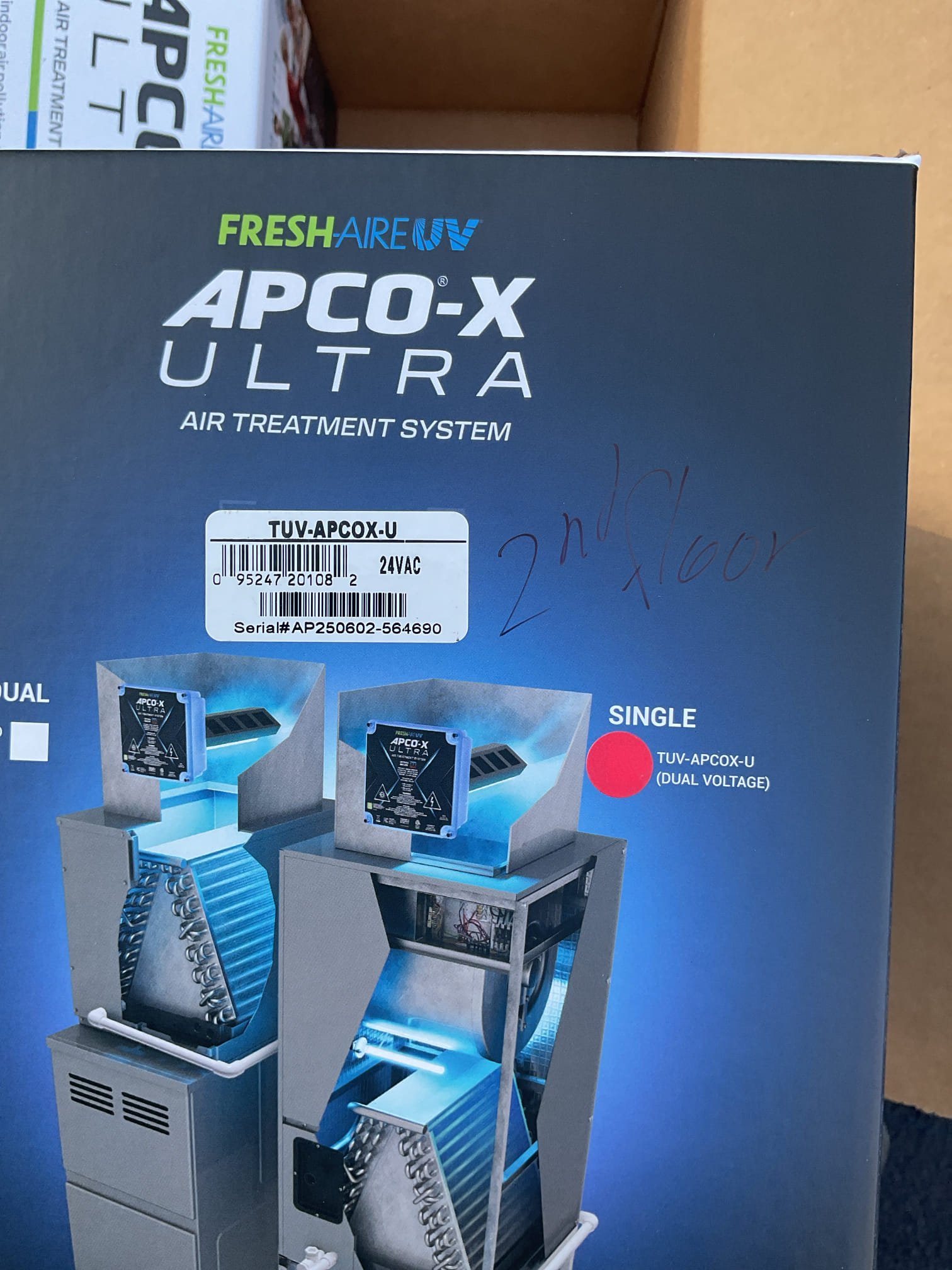 Luis 11-14-25 installation of two Apco x ultra for first floor and second floor air handler wired step down transformer to power up Apco x. Test system operation ok. Would recommend setting thermostat to fan circulation for better efficiency. 