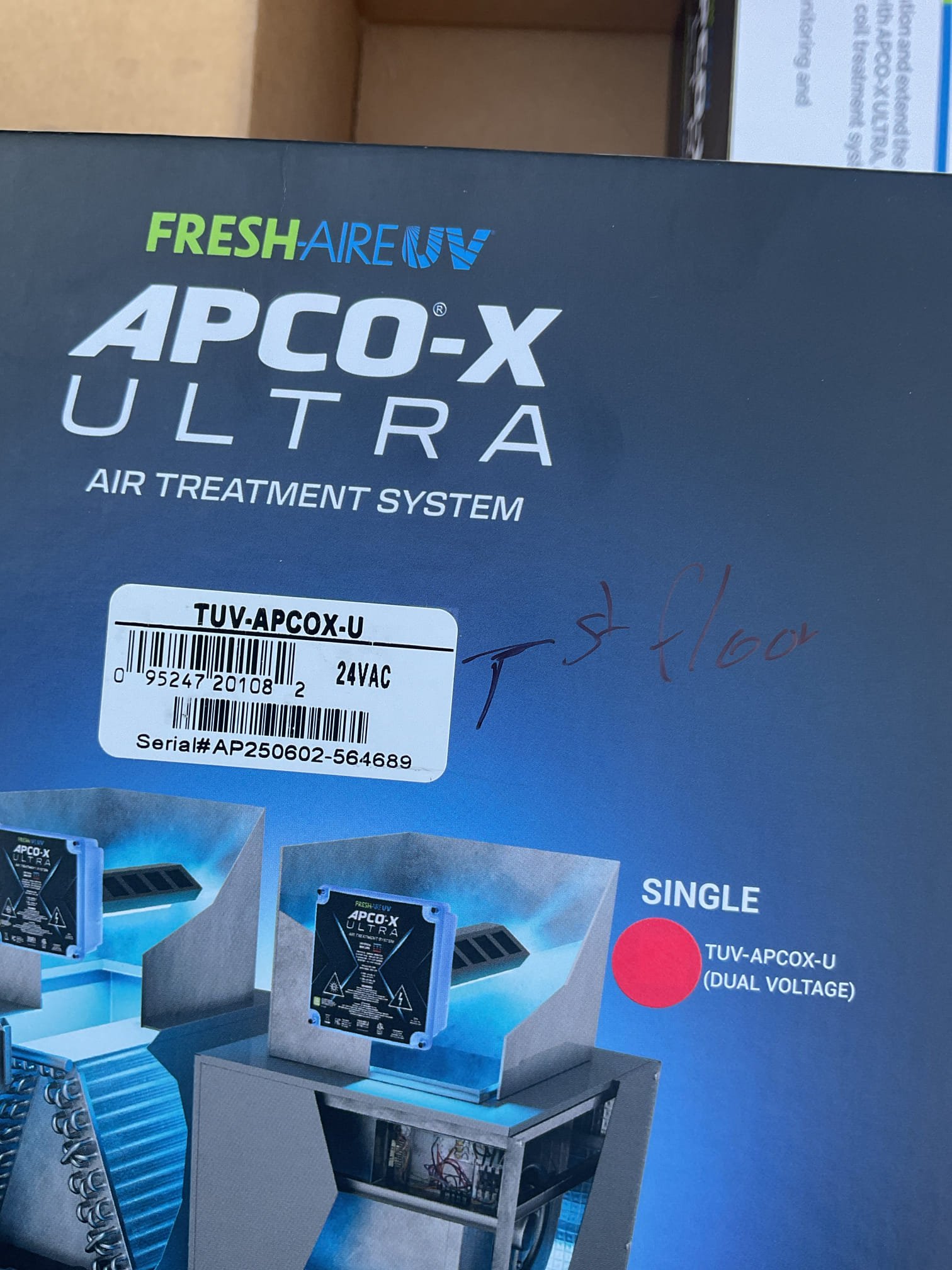 Luis 11-14-25 installation of two Apco x ultra for first floor and second floor air handler wired step down transformer to power up Apco x. Test system operation ok. Would recommend setting thermostat to fan circulation for better efficiency. 