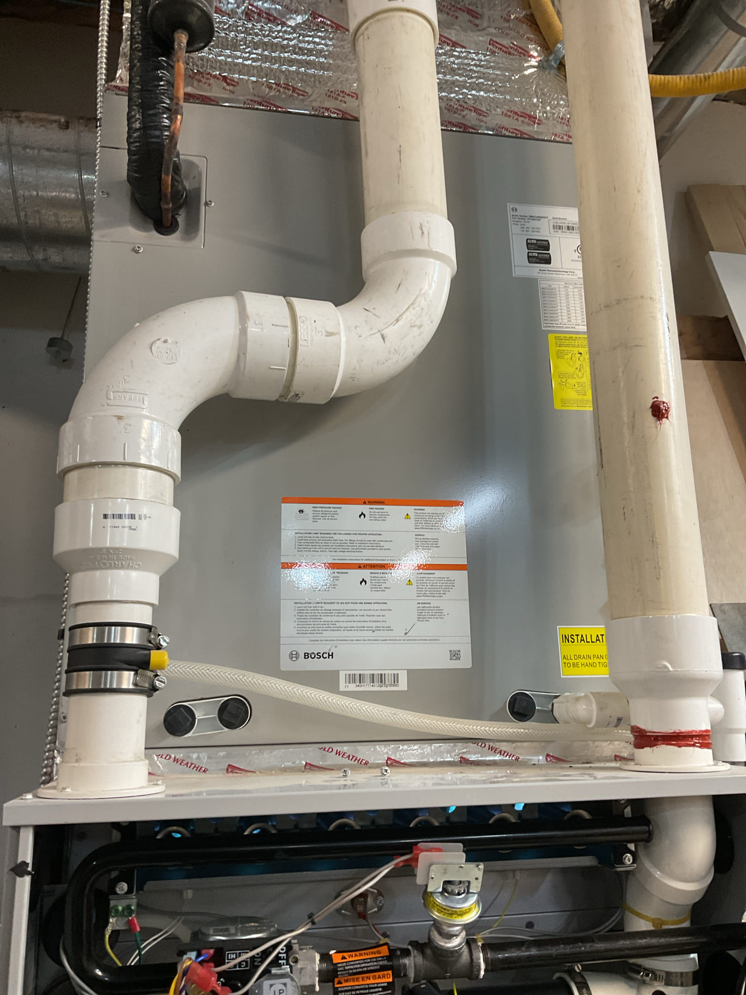 I arrived for no heat on a Bosch, gas furnace and heat pump. Found heat pump was running, but the blower was very low speed in C2 mode. Found connection on the blower was barely connecting causing the blower issue. I made a strong connection with the lead, turn the system back on blower ramped up to normal speed. I checked the gas furnace side everything’s back up and running at this time service Collected for diagnostic fee 