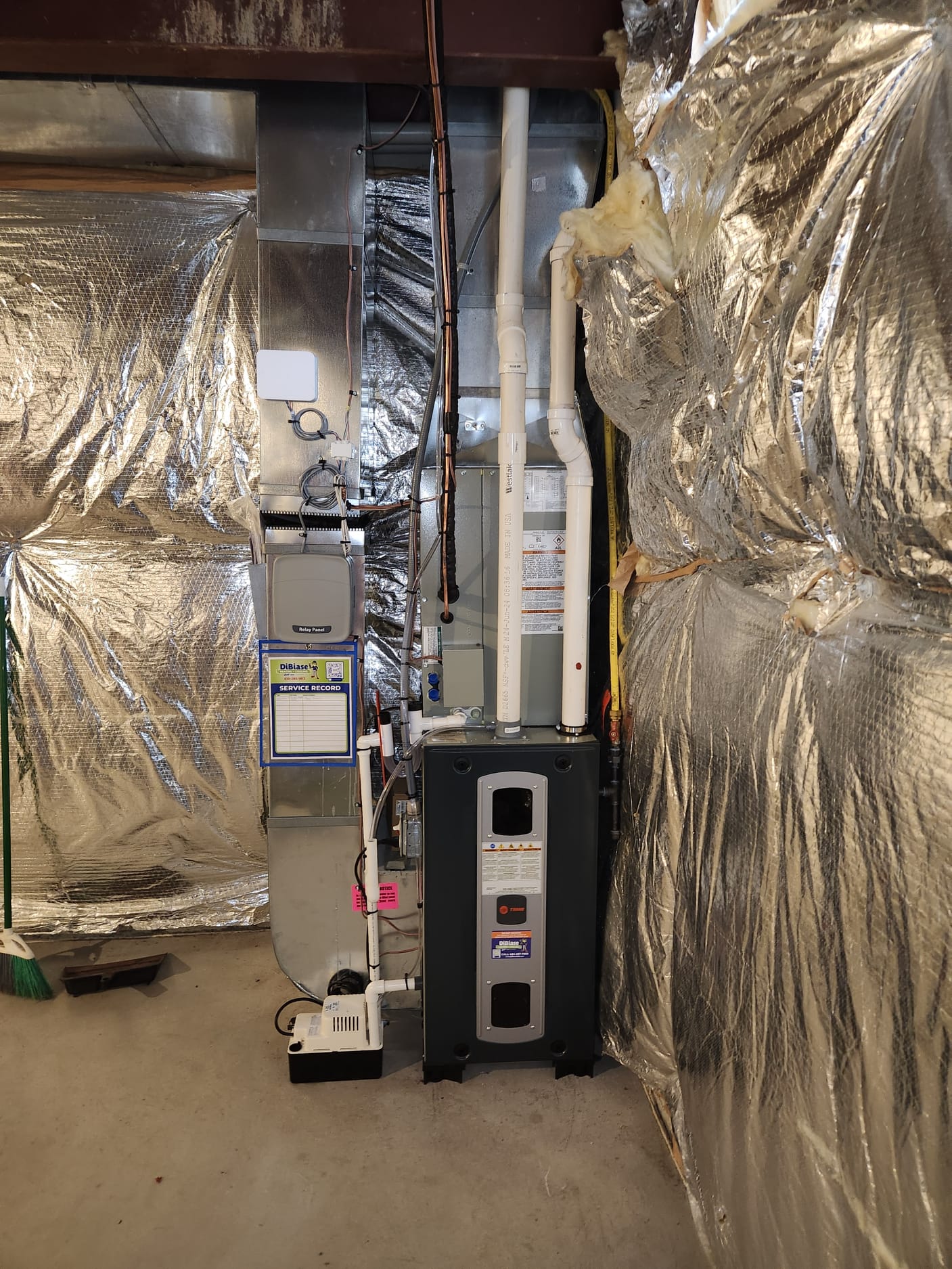 Installed new Trane furnace. Adapted to supply and return. Adapted to existing gas line and vents. Installed blower surge protector, EZ trap and a condensate pump with vinyl. Installed Trane Link thermostat and relay panel. 

Installed new 2 ton Trane heat pump on 4” snow legs and pad. Installed rectorseal power monitoring disconnect. Replaced lineset. Cleaned work area and tested out all operations. Adjust refrigerant pressures in spring. 