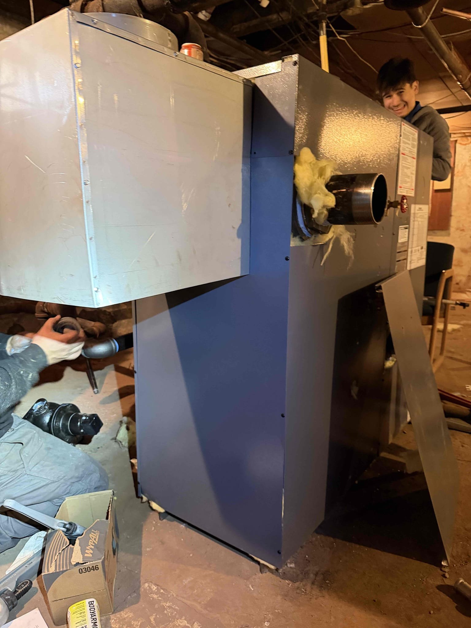 

Drain, disconnect, Knockdown, remove, and dispose of the existing gas steam boiler for the apartment building.

Install new knockdown steam boiler - need to construct on site.

Complete all piping connections and  modificaitons  to boiler.

Complete all electrical and mechanical connections to new boiler.

Install new auto feeder to supply makeup water to the new boiler.

Install new Honeywell T4 thermostat on the wall in the hallway.

Fill and test system operation. Commission boiler in accordance with manufacturers specifications.

NEED 10x8 smoker reducer, 1” threaded ball valve, and more 4” pipe/fittings Joe knows. 

11/17/25 Kurt and Conner: 
Upsized gas line to 1”
Performed combustion analysis and checked flue draft
Installed relay in line with thermostat 
Checked radiators in apartments to ensure proper heating