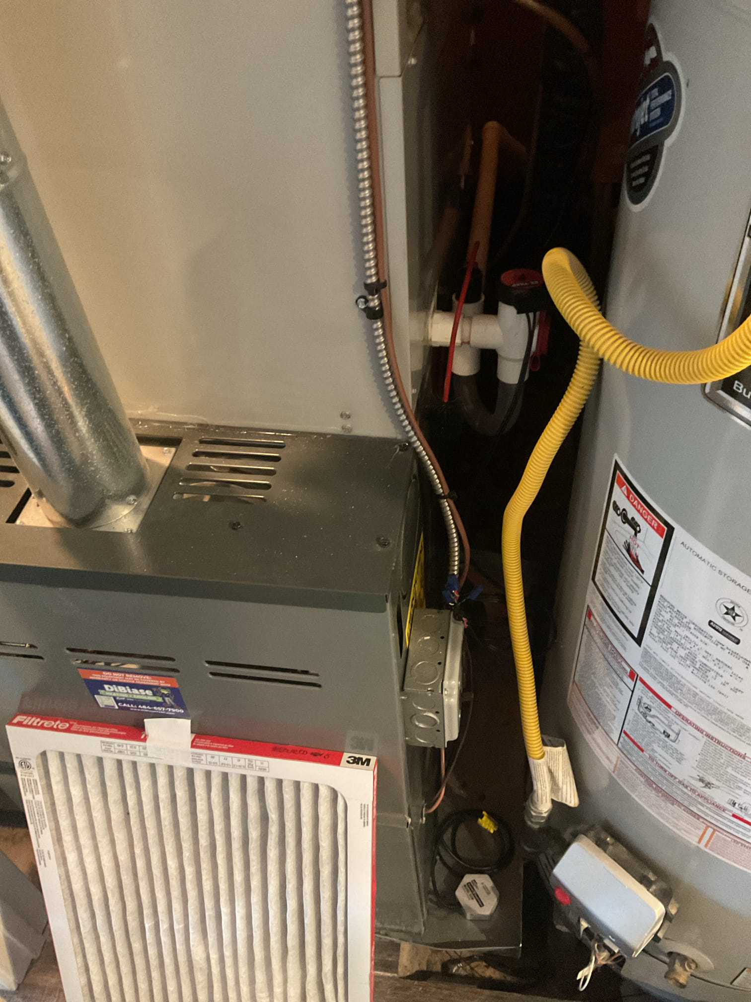 Performed precision heat tune up on 2023 amana 80% gas furnace. Replaced 16x25x1 air filter. Checked all electrical connections and components. Checked temperature rise. Found gas leak at 3/4” union above water heater, replaced 3/4” union by turning off gas to home checked for leaks and re lite water heater. All installed x13 surge protector for blower motor. Cleaned flame sensor and performed combustion test. Gas furnace is working properly at time of service. 