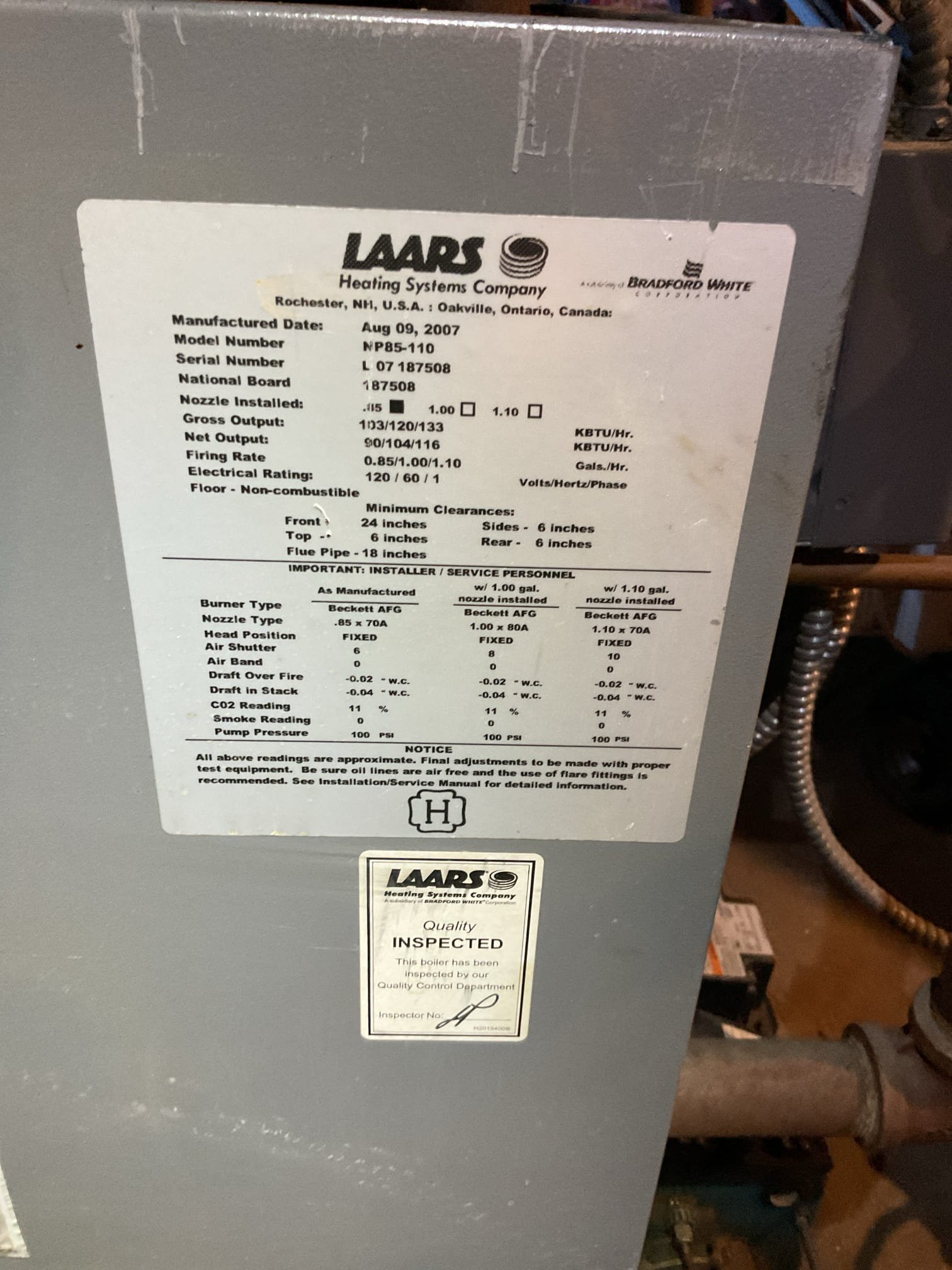 Completed heat tune up for Laars Oil boiler 
Cleaned heat exchanger and inspected flue piping and chimney. Removed bird and some debris from chimney, recommend having a chimney company install a liner. 
Replaced oil filter, strainer with gasket and nozzle. .75 80B
Inspected electrode condition and alignment, transformer, cad cell eye, and air bands for debris. Electrodes were worn and ceramic insulators cracked. Homeowner agreed to replace. Completed work today.
Inspected wiring, controls, electric motors and components. 
Bled oil line and tested system
Inspected hydronic components. Auto air vent on top of air scoop failed. Expansion tank very old the cap on the schrader port is seized. Recommend replacing expansion tank. 
Provided 2 estimate for this,
1. Expansion tank+Auto air vent 
2. Replace Air scoop with spirovent and replace expansion tank and pressure relief valve.
DO either/or not both. 

Also provided estimate to replace 3/4” isolation valves and piping on (2) supply lines. 