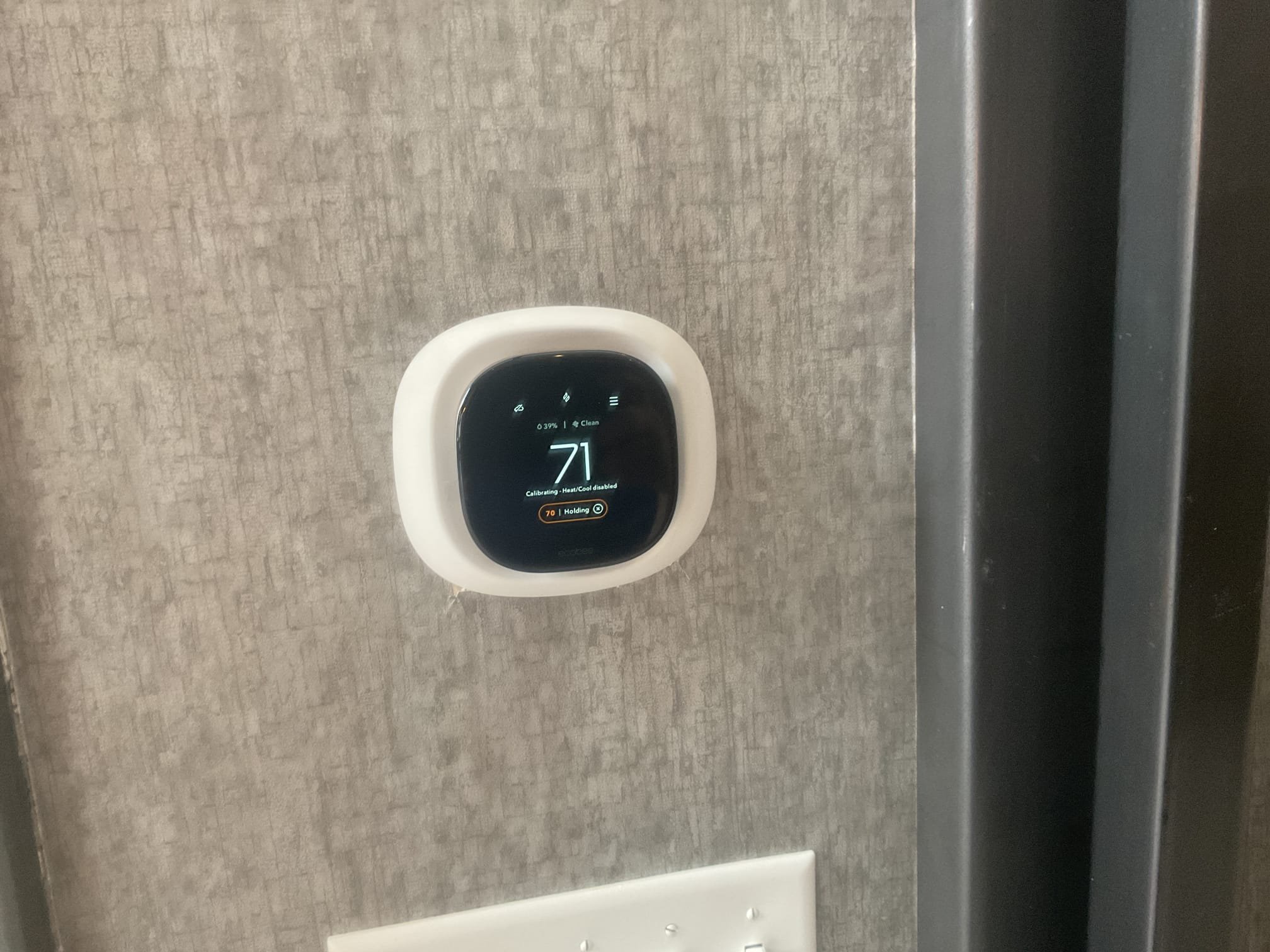 Installed ecobee thermostat with room sensor, tested operation. Also installed a23 exhaust fan belt and tested fan operation. Both are working properly at time of service. 