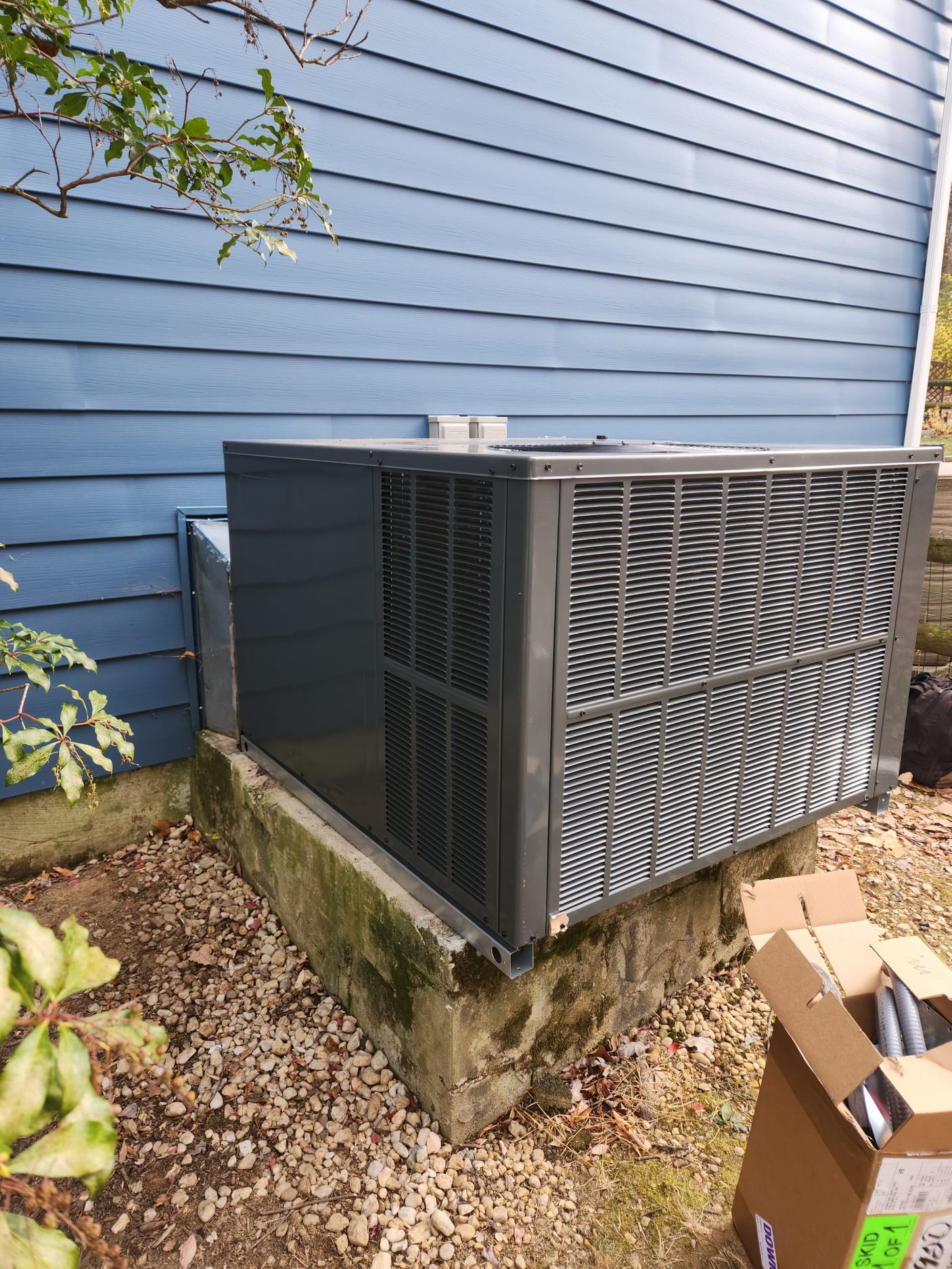 Installed Goodman packaged unit. Adapted to existing electrical. Added a separate disconnect for 10kw heat kit. Made custom transitions on supply and return. Installed Ecobee light. Cleaned work area and tested all operations. Need to return to repair drywall near return grill. 