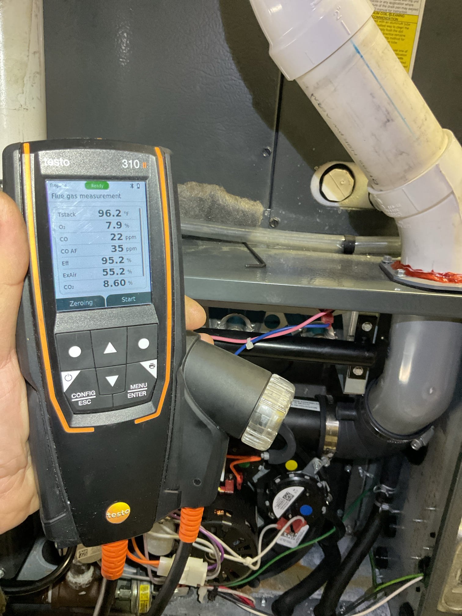 
Completed heat tune up for propane furnace.

Aprilaire 416 filter ok
Inspected heat exchanger, burners, flue pipe, inducer assembly and hoses; 
Inspected hot surface ignitor and verified resistance with meter
Cleaned flame sensor and verified flame rectification circuit
Measured temperature rise and static pressure
Checked wiring, controls, electric motors and components; recommend blower motor surge protector, provided email estimate 
Checked manifold propane pressures
Inspected drain and pump.  Flushed drain with vinegar. There is a condensate pump safety and EZ trap but no wet switch. Wet switch will shut equipment down if water is detected on floor near unit. 
Also tested heat pump operations. 
 
Combustion, draft and smoke tests: Pass

Propane furnace is operating well at this time. 