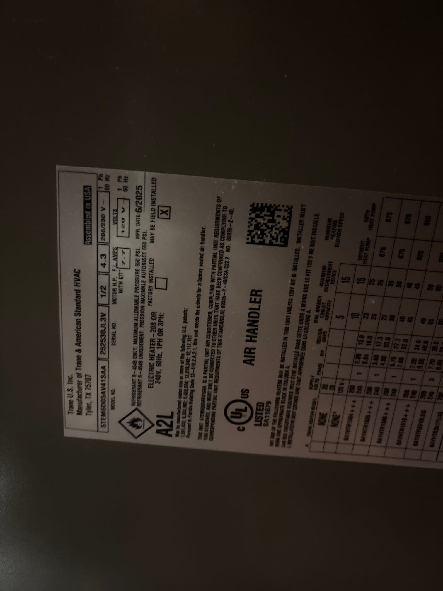 Installed and hung new Trane air handler. Adapted to supply metal and made custom return transition. Adapted to copper condensate line with pvc. New 30x60 drain pan with wet switch and EZ trap. Adapted to existing electrical. Reconfigured electrical panel to make it a 240v circuit. 

Installed new Trane heat pump on new pad and legs. Installed rectorseal power monitoring disconnect. Replaced lineset. Tested all operations and cleaned work area. Adjust charge in spring. 