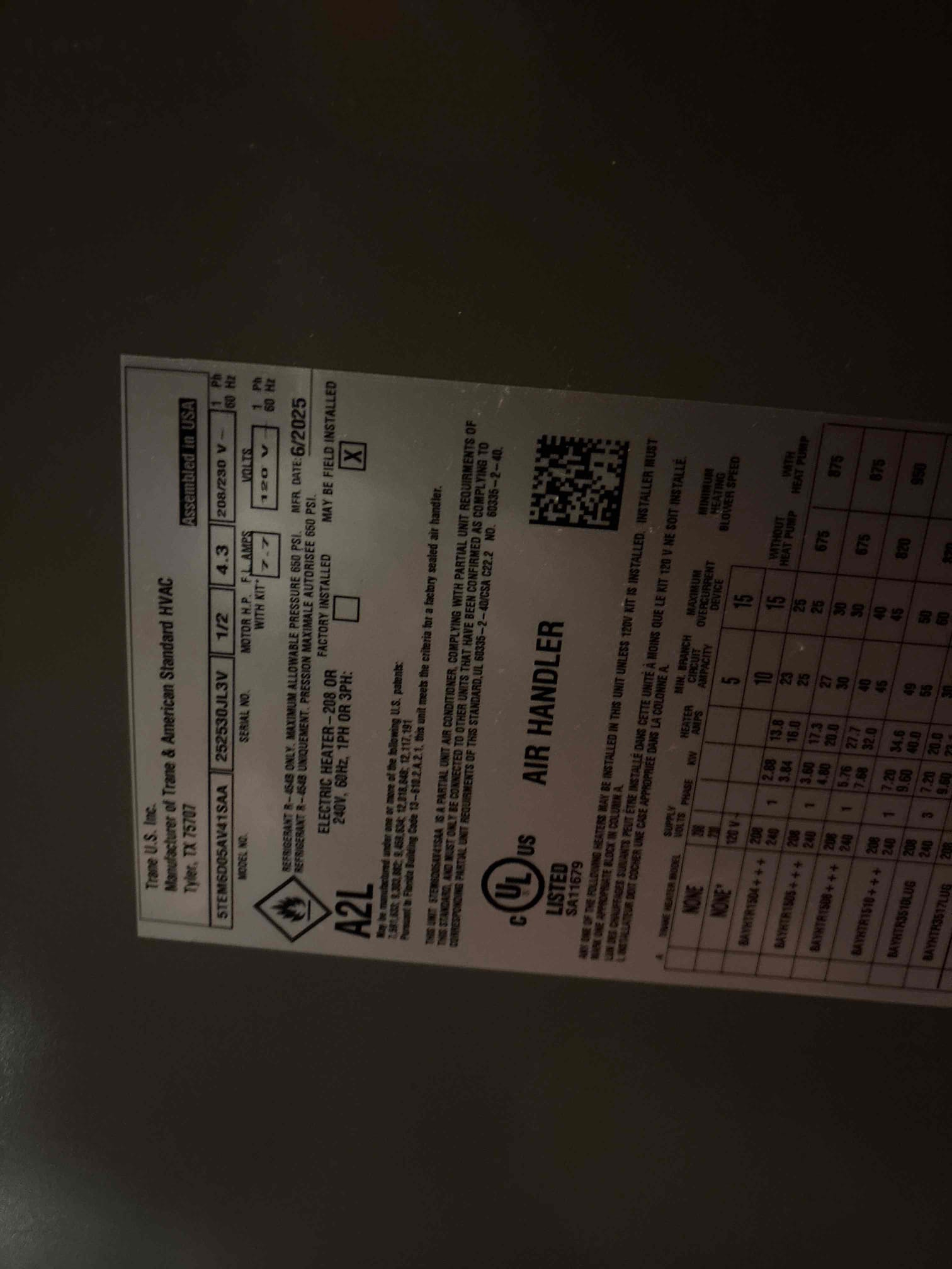 Installed and hung new Trane air handler. Adapted to supply metal and made custom return transition. Adapted to copper condensate line with pvc. New 30x60 drain pan with wet switch and EZ trap. Adapted to existing electrical. Reconfigured electrical panel to make it a 240v circuit. 

Installed new Trane heat pump on new pad and legs. Installed rectorseal power monitoring disconnect. Replaced lineset. Tested all operations and cleaned work area. Adjust charge in spring. 