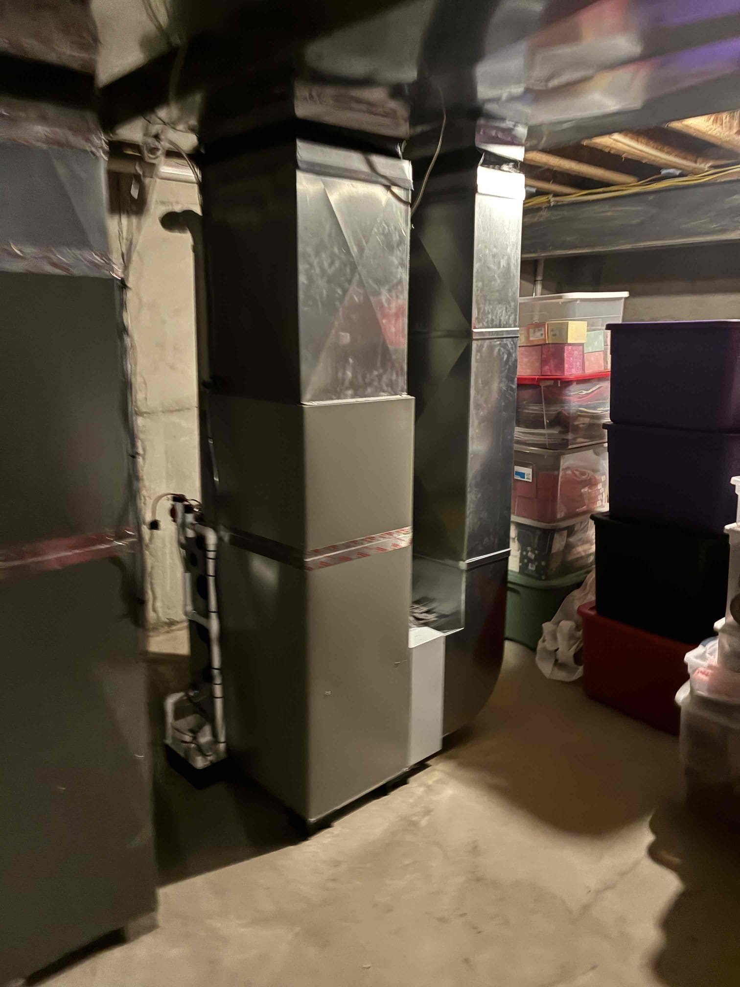 Installed new trane gas furnace and ac coil. Built new return and supply. Tapped / caulked return and supply. Adapted flue pipes and gas line. Adapted high volt and installed new outlet and switch. Ran new condensate line with ez trap and condensate pump. Ran new vinyl tubing from condensate pump to sump pump located in basement. Installed new t6 thermostat and wired in low voltage with safeties. Ran new line set and connected to new equipment. Installed new A/C outdoor on leveled pad. Installed new disconnect with surge protector and wired into outdoor unit. Cleaned up work area and tested out equipment. Need to test ac out when the weather is better. 