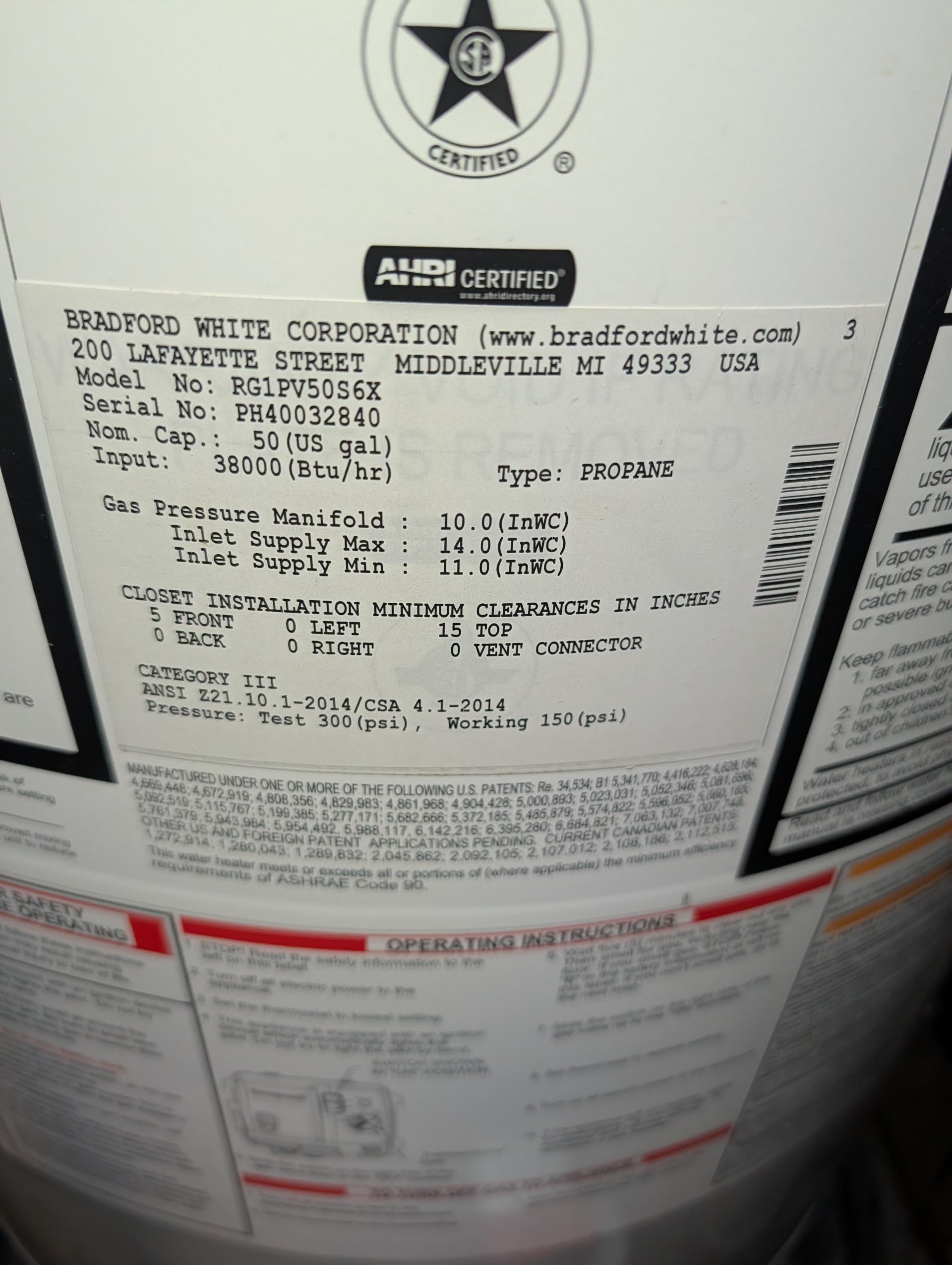 Found failed Temperature+Pressure Valve on 50 gallon propane water heater. Fairly serious leaking on valve a good amount of water had leaked including outside pan.
I drained water heater as necessary to stop trickling of valve.

Expansion tank and temperature and pressure relief valve have failed.
Provided email estimate to replace.
Also provided mail estimate for these 2 PLUS whole home pressure reducing valve. 

Also provided estimate for new water heater. 1 with 6 year tank warranty. The other with 10 year warranty.

Gas valve and gas control are OFF. Water heater is drained and valves off so as to stop leaking T+P valve. 