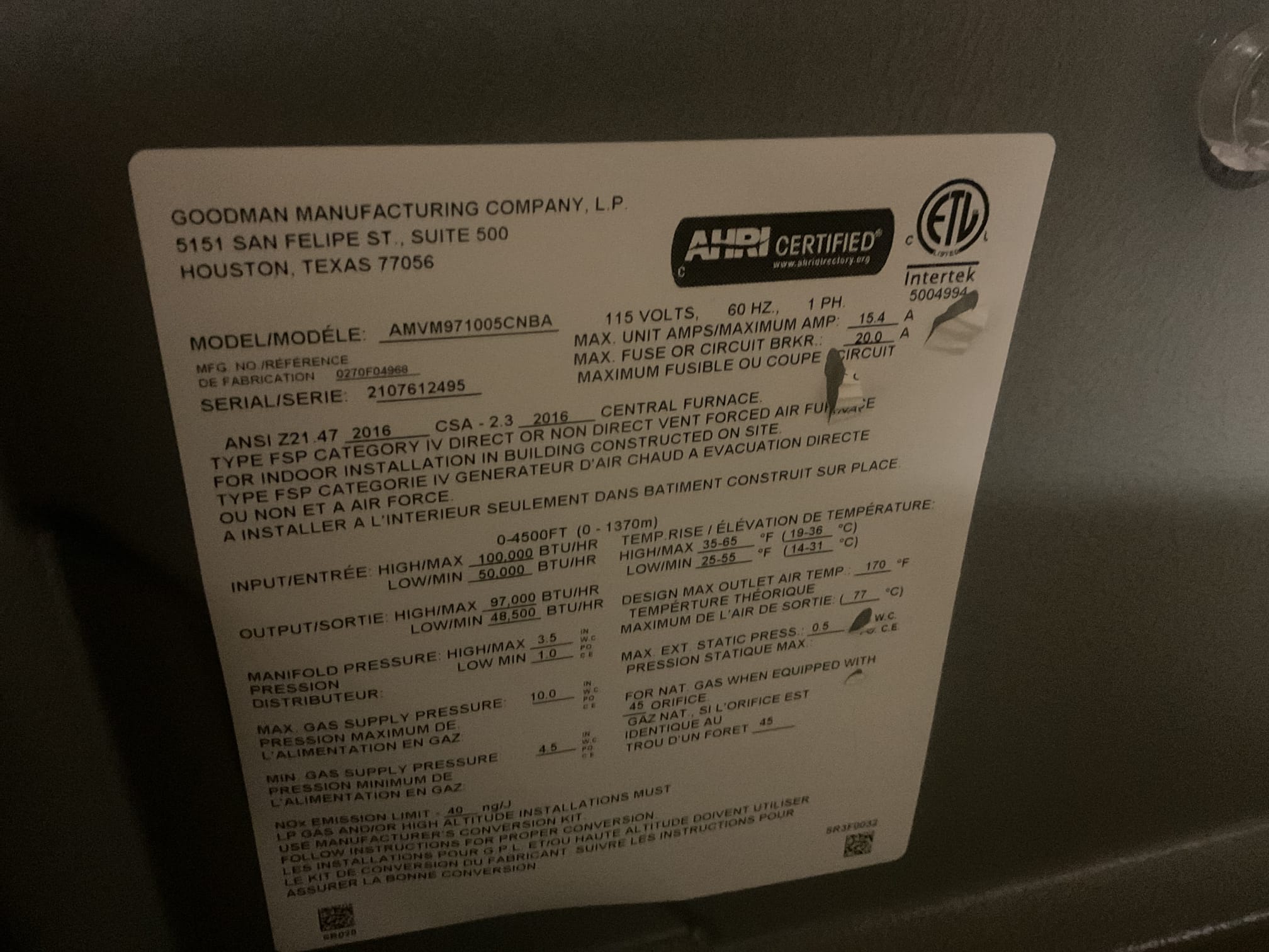 Performed precision heat tune up on high efficiency amana gas furnace. 20x25x5 air filter is ok( homeowner replaces himself). Checked all electrical connections and components. Checked temperature rise. Performed combustion test. Cleaned flame sensor. Checked resistance of hsi. Gas furnace is working properly at time of service. 
