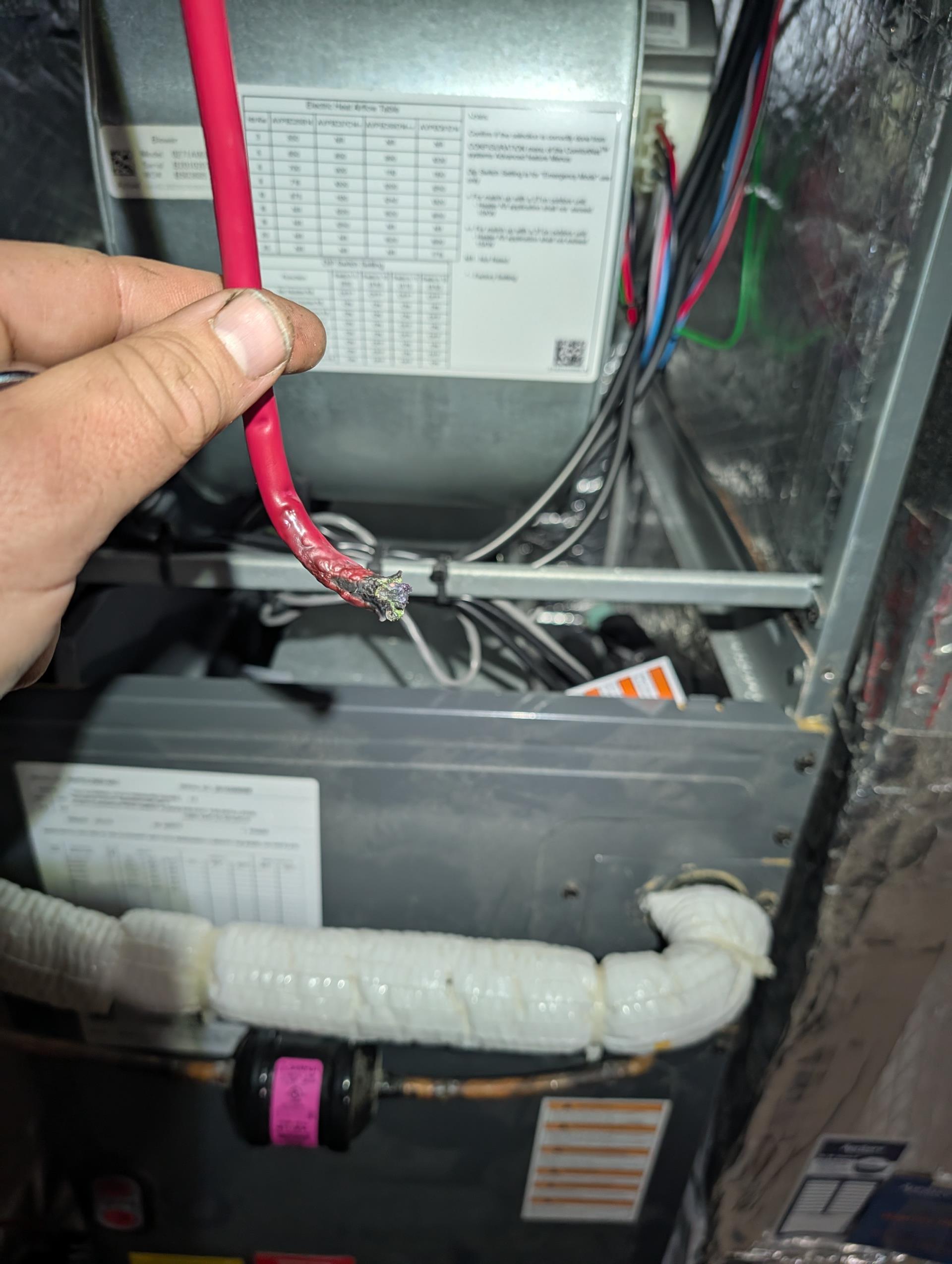 Found 0 Volts at secondary (24V) side of both contactors.
Found burnt off and detached lead wire to the electric heat contactor.
The terminal of contactor in bad shape.
Offered to replace contactor under parts warranty and repair wiring connection.
I stripped back the wire to a clean point and installed in new contactor.
Installed new contactor under parts warranty.
Checked over all wiring connections and outdoor control. 

I explained to her that it is the correct size wire but it was either slightly overtorqued or under torqued on the manufacturer floor and overtime that point of contact overheated and eventually caused the wire to fray and detach. This wiring is all internal/ manufacturer. NOT a field supplied wire. 

Also offered to install blower motor surge protector. She agreed. Completed work today.

Replaced Aprilaire 313 filter provided by homeowner.recommend replacing every 6 months. 

Tested system including electric heat amps. 40A Good.

System operating well at this time.