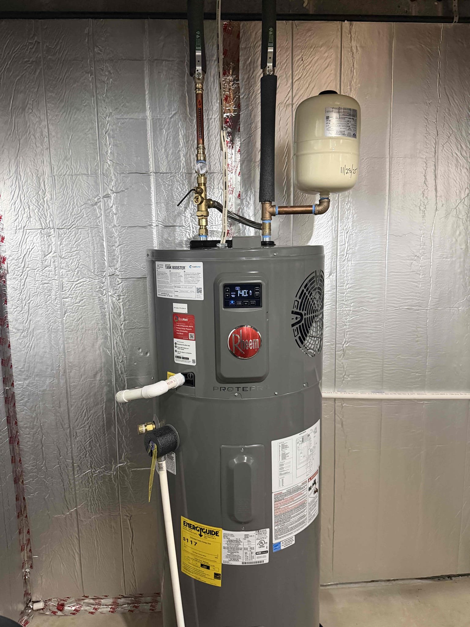 Removed 50 gallon water heater and installed new 50 gallon hybrid water heater. Installed tank booster on system. Installed new expansion tank. Checked water pressure and set tank booster to 120°. Cleaned up job site and collected check for balance. 