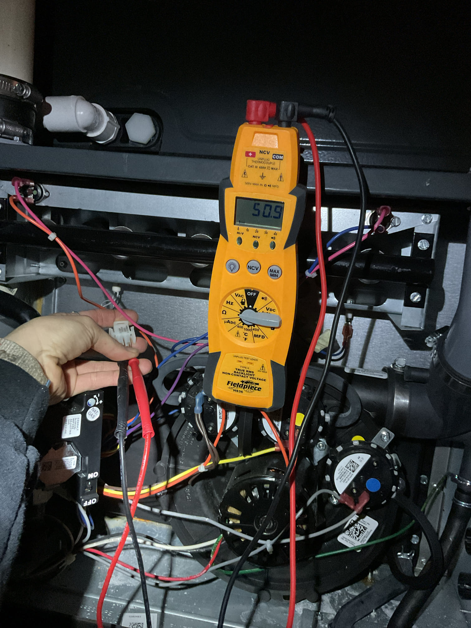 Heating check up on a 2 year old 95% Amana gas furnace. Checked and tightened all electrical connections. checked igniter, flame sensor, blower amps and inducer amps, all are in appropriate range. Checked static and found total static to be in appropriate range . Ran a combustion test and levels are in appropriate range. Tested drain lines and ensured condensate pump is clean and running properly. Replaced customer supplied filter. Checked supply and return temperatures and found a temp rise of 55 degrees which is in adequate range. System is functioning properly at time of service. 