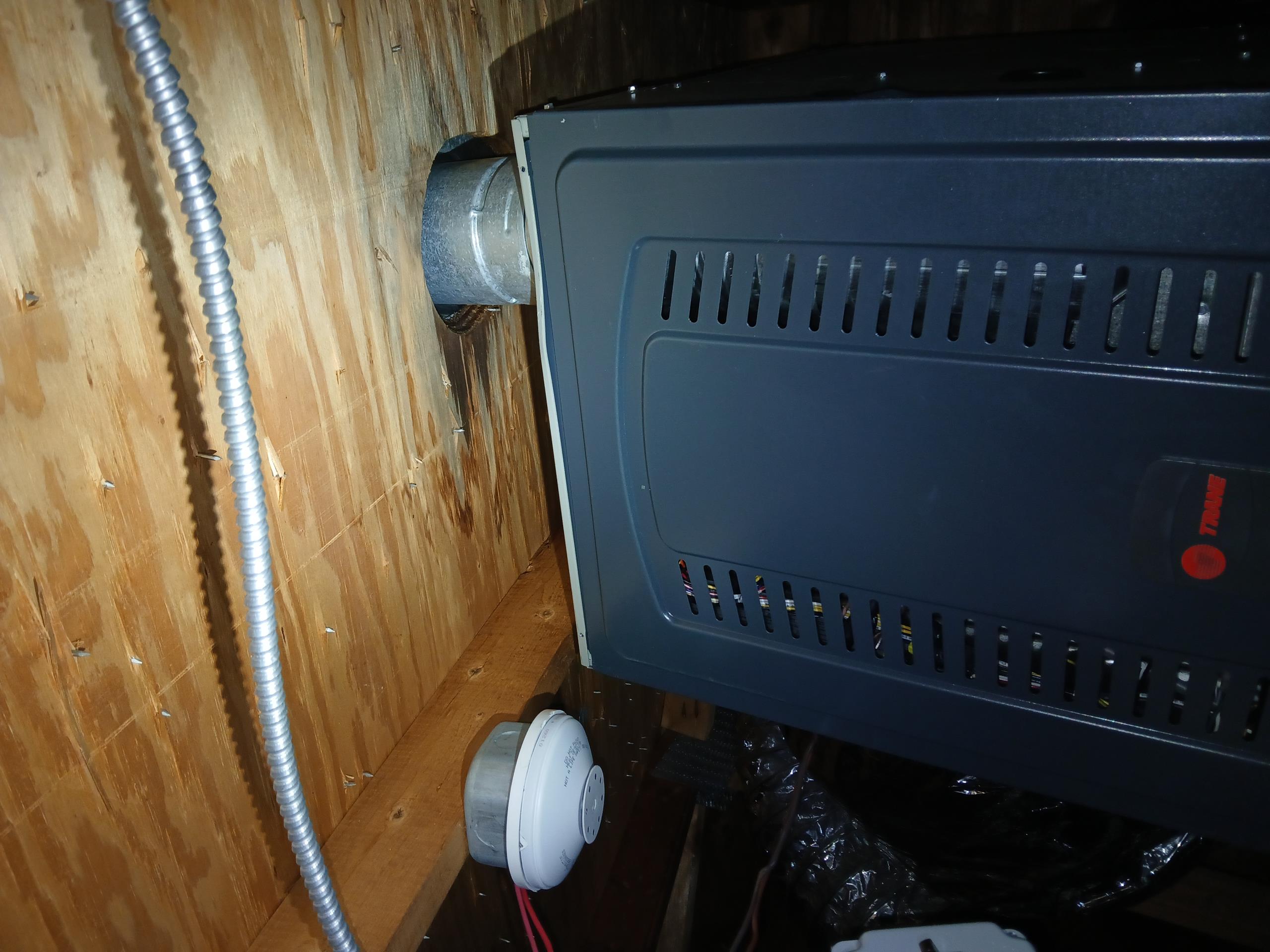 Installed new trane downflow gas furnace and A/C outdoor. Placed indoor unit in 30x30 drain pan with new wet switch. Adapted return and supply. Tapped/caulked return and supply. Adapted high voltage and installed new AG 3000 surge protector, outlet and switch. Adapted condensate line and installed new ez trap. Adapted gas line a smoke piping. Installed new ecobee thermostat and wired in low volt with safeties. Flushed existing line set and connected to new equipment. Installed new disconnect with surge protector and wired into outdoor unit. Installed new A/C outdoor on leveled pad. Cleaned up work area and tested out equipment. Will have to come back during summer to zero in charge due to cold weather.