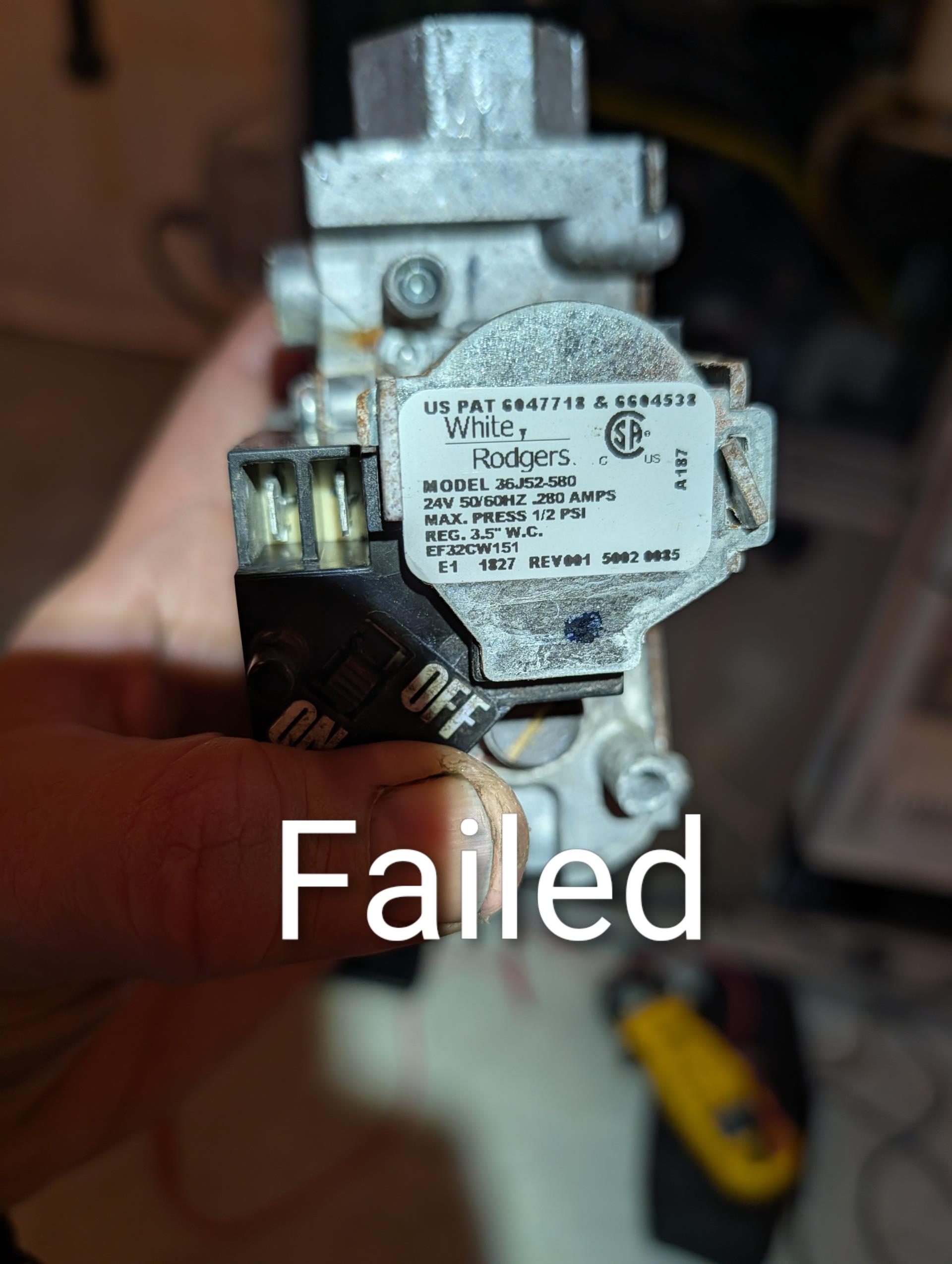 Found failed gas valve at 60,000 BTU natural gas furnace.
Offered to replace along with plan membership.
System and house from 2018 but equipment was never registered for extended 10 year parts warranty, so valve not covered under warranty. 

Replaced White Rodger’s gas valve, set gas pressure and tested system today. 
Checked for gas leaks at furnace from shut off valve to new gas valve. 
Cleaned flame sensor
Verified furnace operations

Combustion and draft tests pass.

16x20x1 filter ok

Lots of water from exhaust getting back to inducer I recommend installing a wye fitting with a drain barb in exhaust to divert water directly to condensate removal pump to avoid water logging the inducer (combustion removal system). Provided email estimate.

Also left estimates for surge protectors and water safety devices.
She agreed to the drain wye repair and the surge protection+water safety package. 

System operating well at this time. 

Collected for work completed today (1218.21) plus half o