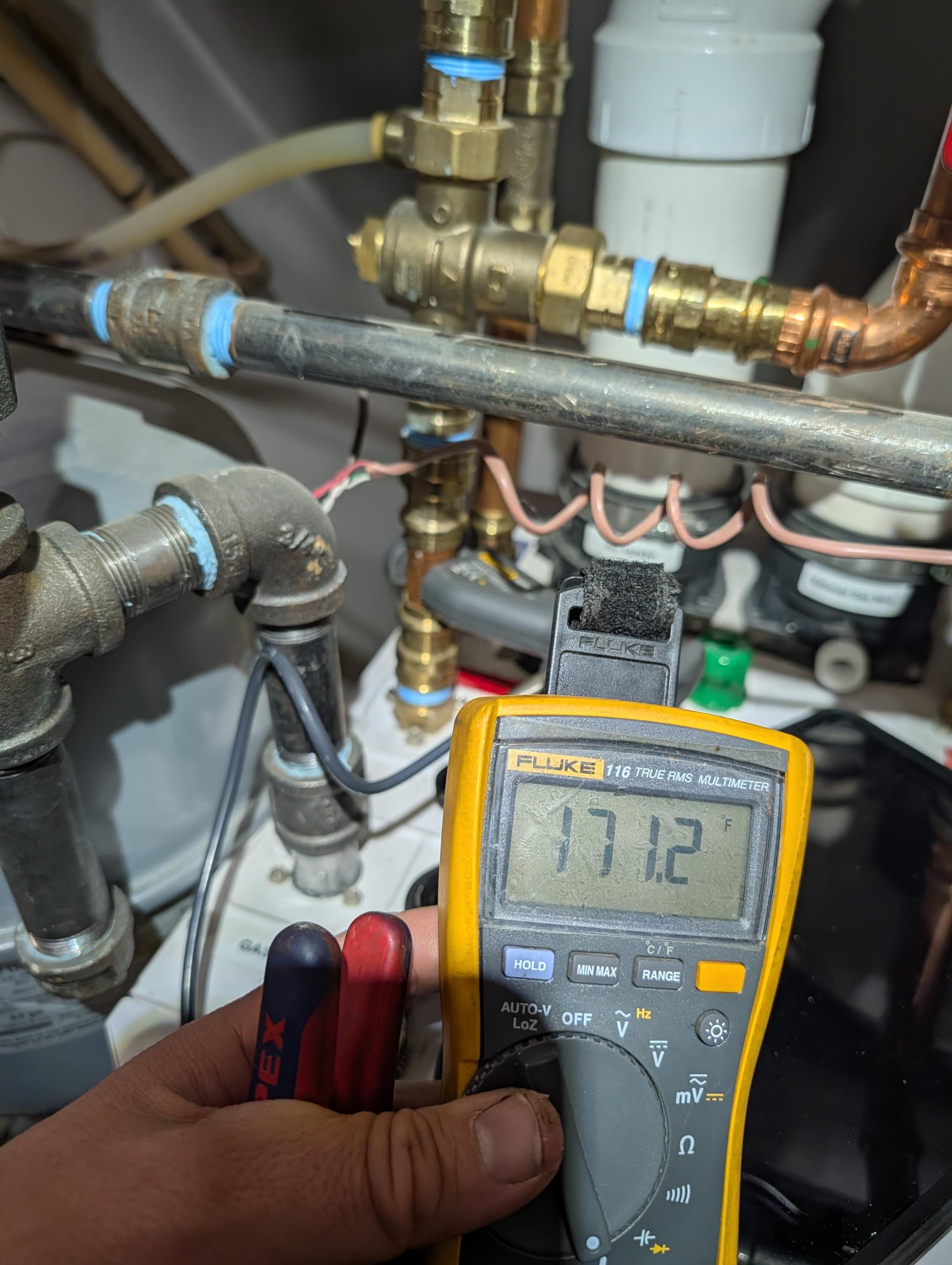 Cause of hot water temperature being Luke warm is a failed TACO 3-way mixing valve.
Boiler setting for domestic water is at max 140° as designed with 3-way mixing valve. (Taco 5000-3)
I determined it was failed based on temperature readings of 3 pipes.
Attempted to exercise adjustment and lightly smacked valve with rubber mallet to get it to free up, but to no avail.
We will need to schedule to return and replace TACO 5000-3 3 way mixing valve. Covered under Dibiase warranty. 

Installed AG3000 surge protector for boiler. 
Installed Residio L1 leak detector around boiler and tested you can download an app and link this sensor to the app if desired.
