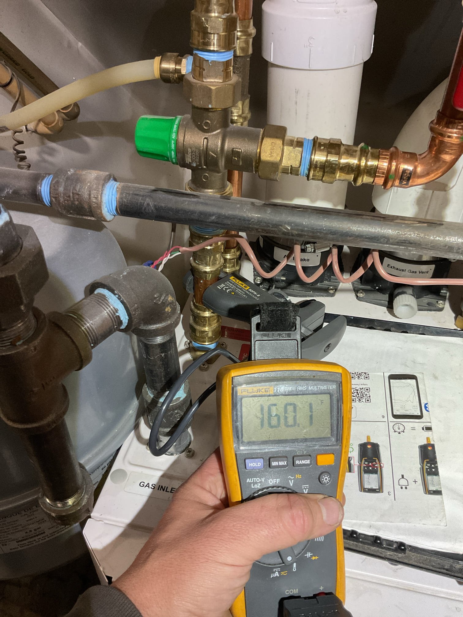 Cause of hot water temperature being Luke warm is a failed TACO 3-way mixing valve.
Boiler setting for domestic water is at max 140° as designed with 3-way mixing valve. (Taco 5000-3)
I determined it was failed based on temperature readings of 3 pipes.
Attempted to exercise adjustment and lightly smacked valve with rubber mallet to get it to free up, but to no avail.
We will need to schedule to return and replace TACO 5000-3 3 way mixing valve. Covered under Dibiase warranty. 

Installed AG3000 surge protector for boiler. 
Installed Residio L1 leak detector around boiler and tested you can download an app and link this sensor to the app if desired.
