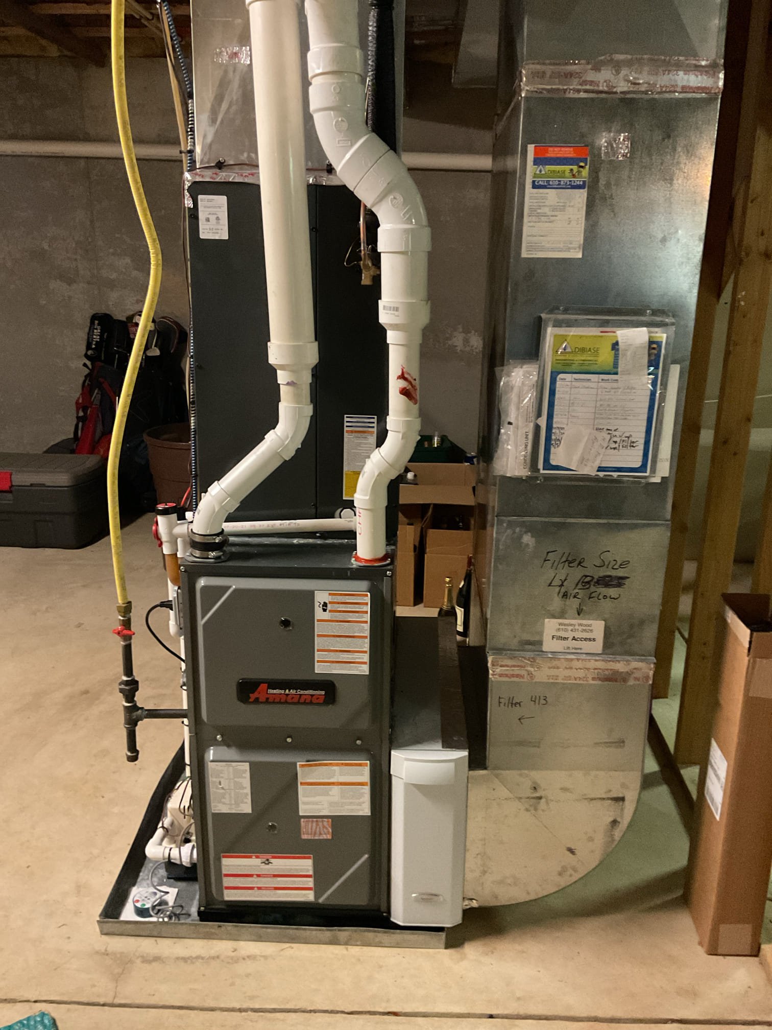  12/04/25 Dan 

arrived to the customers home to service their 5 yr old gas furnace system. 
I started with checking the air filter and replaced , the filter size is 413 supplied by the customer. I checked all my electrical connections and voltages. I inspected and tested the  burners , flame sensor and the igniter. I water tested all tubing and hoses. I inspected the exhaust and fresh air pipe for restrictions and bellies. I inspected the inducer and the blower motor operation. I checked and tested for combustion and took temp rise splits at the return and the supply. Everything is running fine at this time of service. 

I collected for 189.00 renewal service contract. 