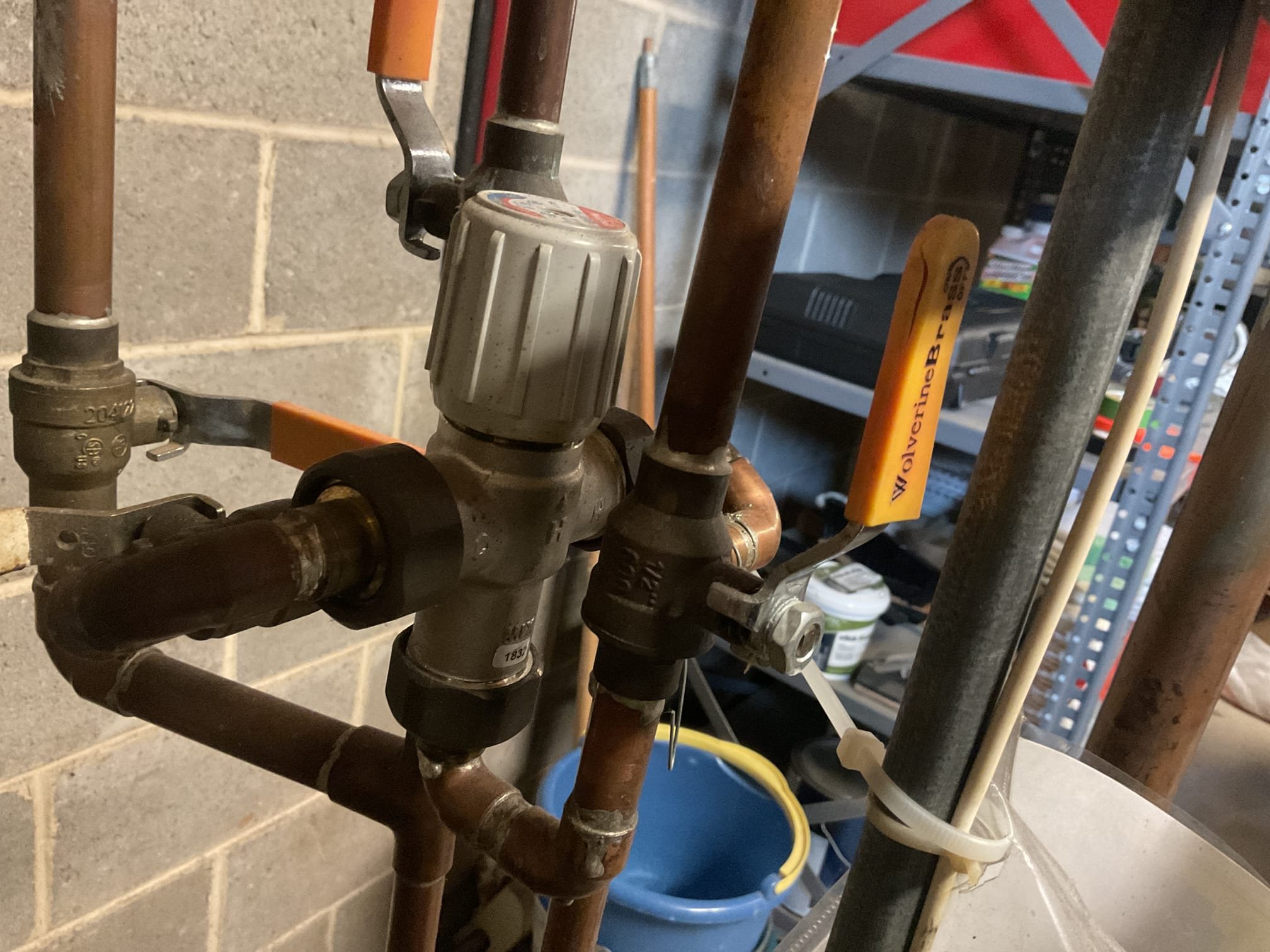 Talked to Joann when I arrived about hot water situation. She mentioned that recently the hot water has been ok but not as much pressure. Ran hot water at faucet and was getting decent pressure at basement sink. Ran all other fixtures in home all had good flow and hot water except kitchen sink faucet she just had installed, she is going to call back that plumber. Found auto air vent on top of boiler hissing a lot possibly sucking air into system, provided estimate to replace auto air vent and 1/2” mixing valve. Mixing valve is older. 